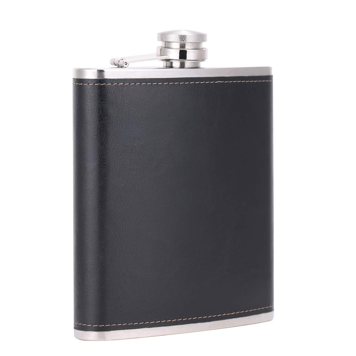 Grosser Edelstahl-Flachmann mit Lederummantelung, 18 oz B. Schwarz(1)