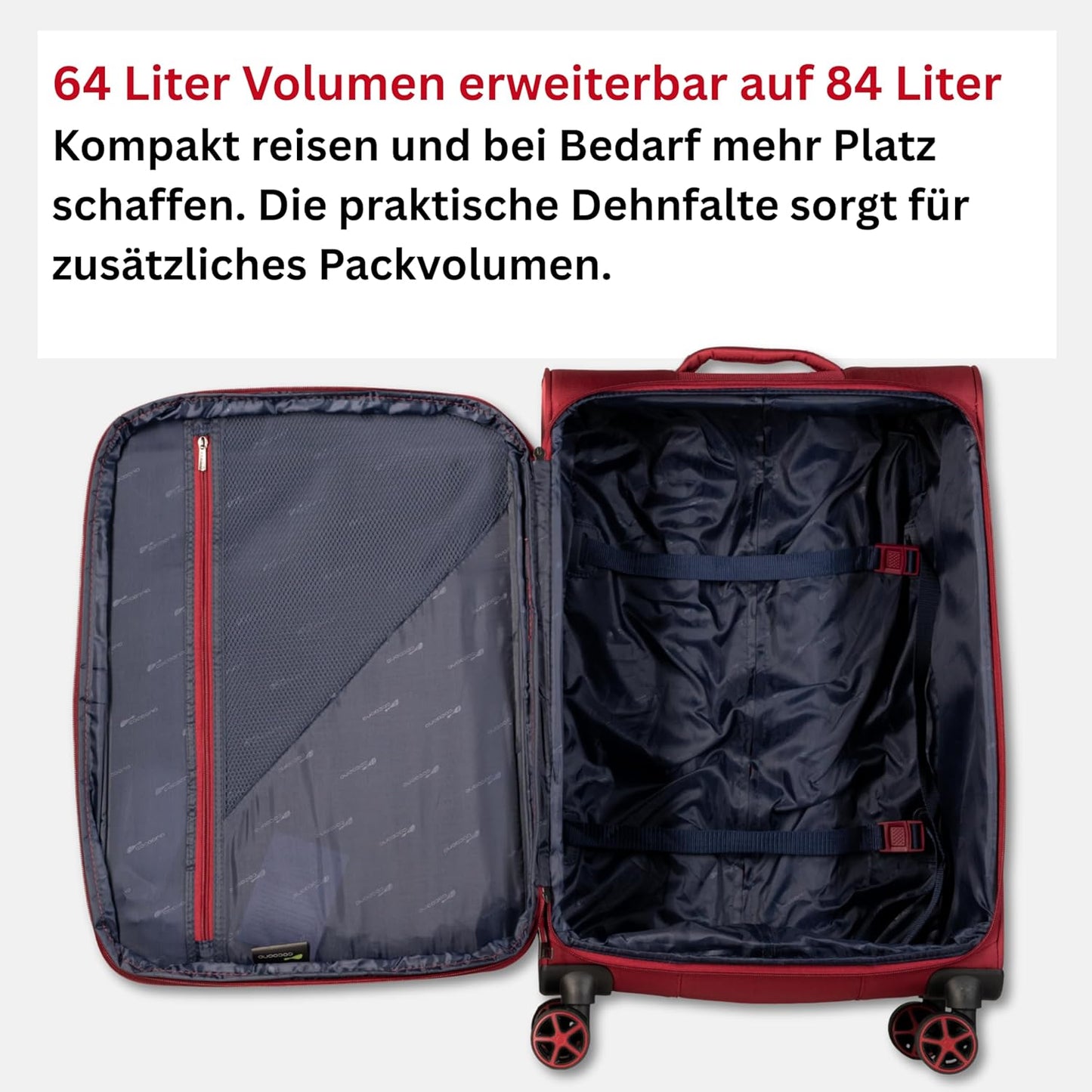 Weichschalenkoffer mit Dehnfalte und 4 Rollen, L Rot