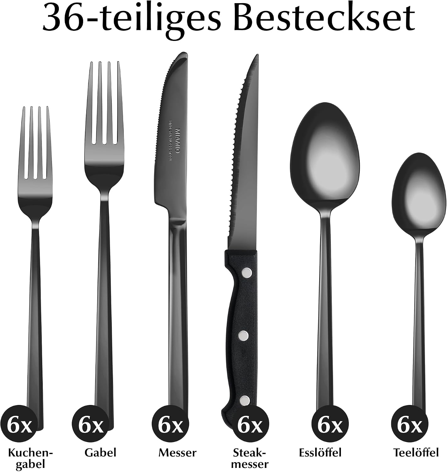 36-teiliges Besteckset, Schwarz 36 teilig