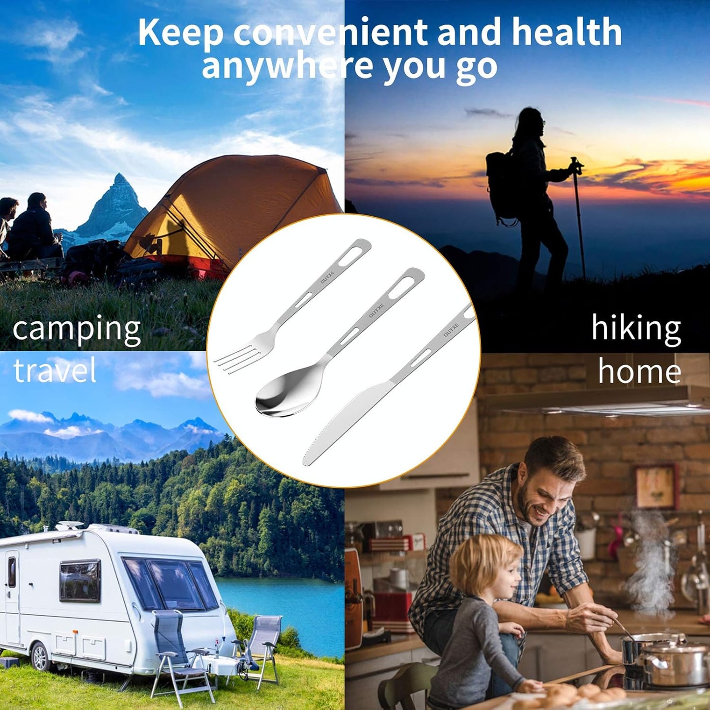 Camping-Besteckset mit Neopren-Etui, Titanium Camping-utensilenset 3-teiliges-poliertes