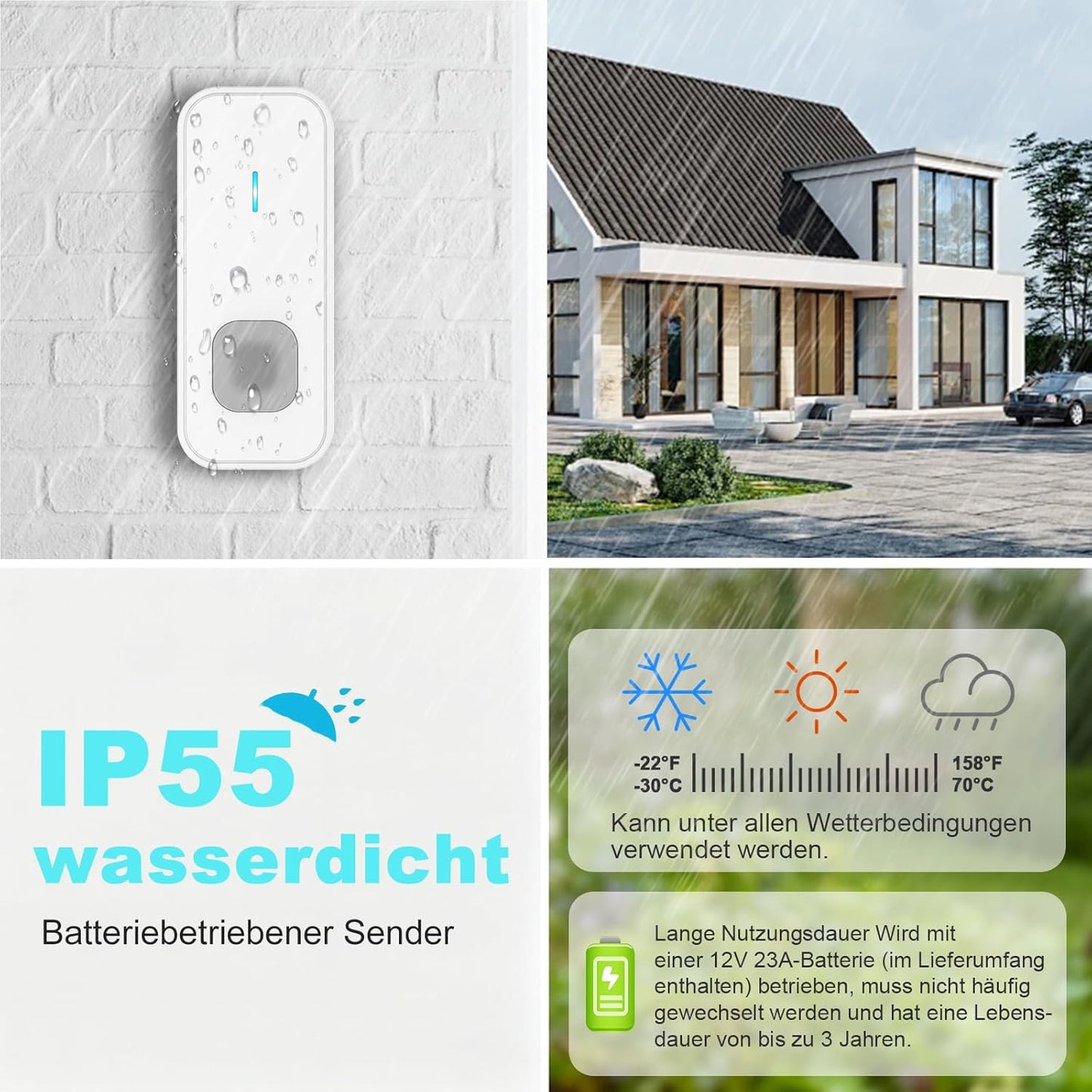 Funkklingel-Set mit LED-Blitz (2 Sender, 1 Empfänger), 1 Empfänger+2 Sender
