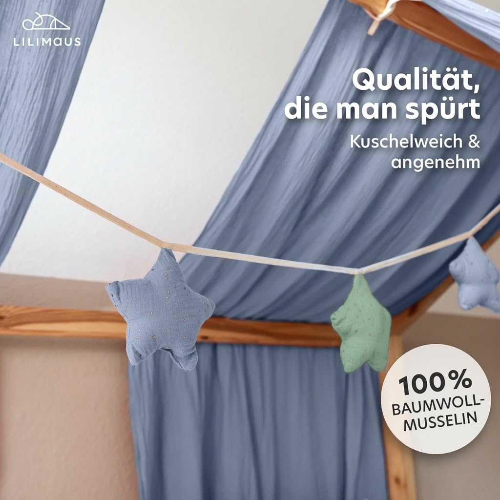 Sternenkette mit Goldapplikation, Blau & Eukalyptus Sterne mit Goldapplikation