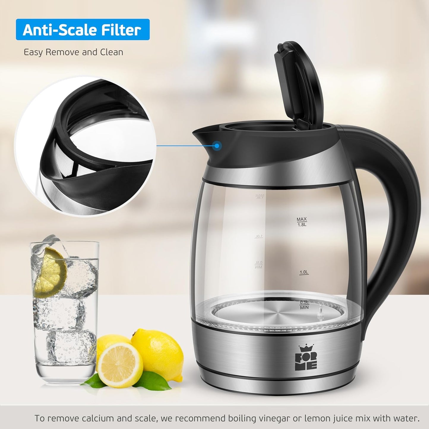 Wasserkocher mit Teesieb und Temperatureinstellung, Schwarz 458