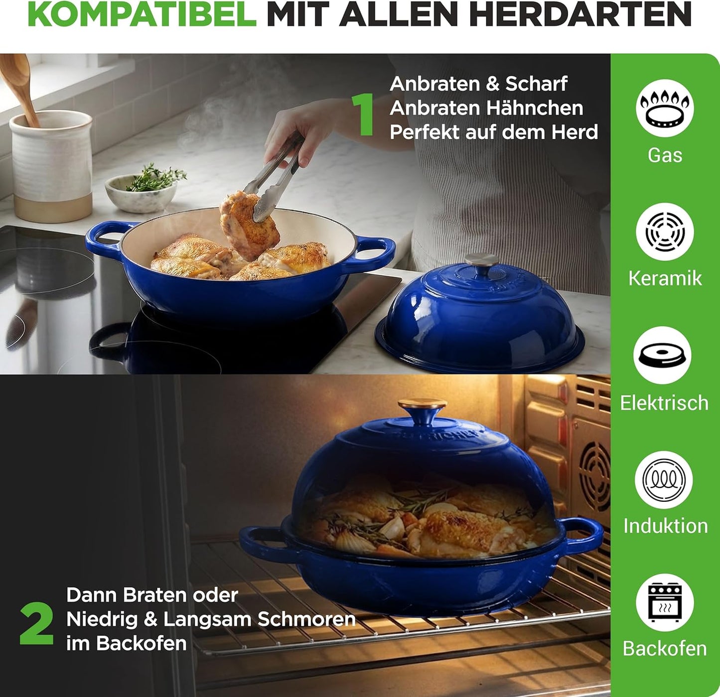 Gusseisentopf mit Deckel und Silikonhandschuhen, Blau