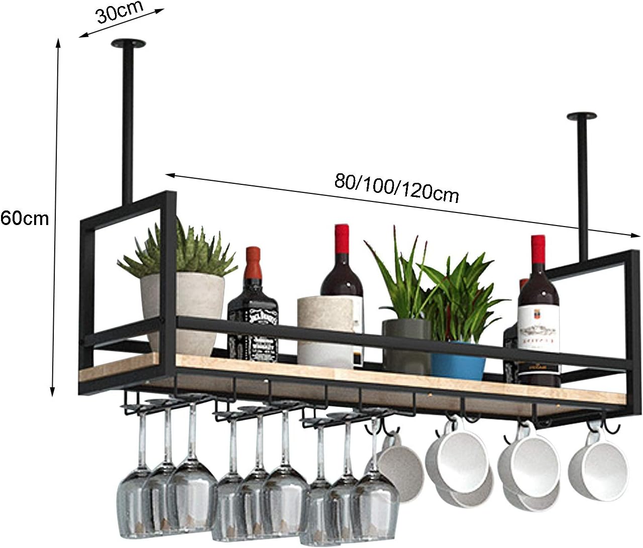 Industrielles Hängeregalsystem für Weinflaschen und Gläser, 100*30*60cm
