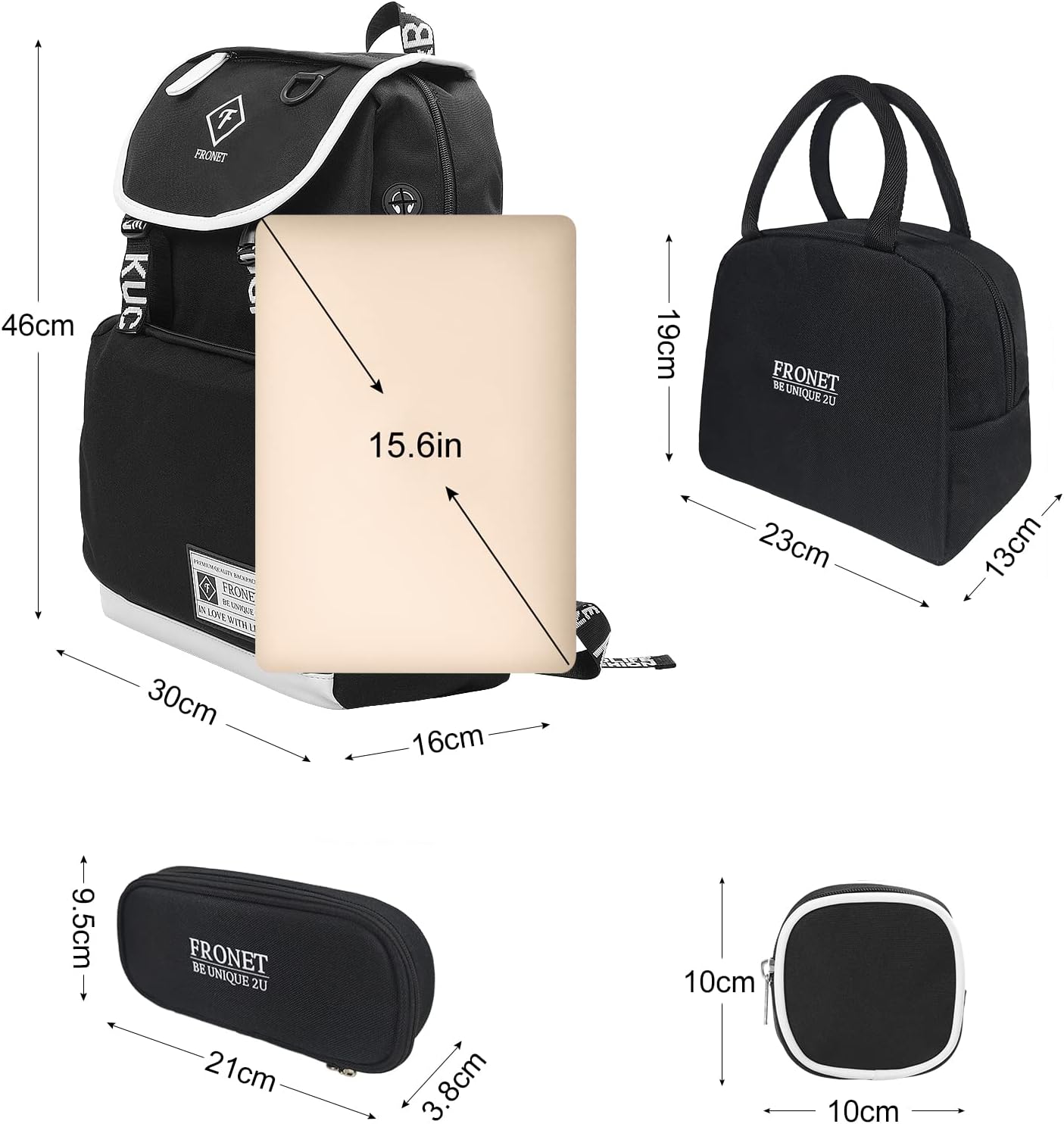 4-teiliges Schulrucksack Set, Schwarz