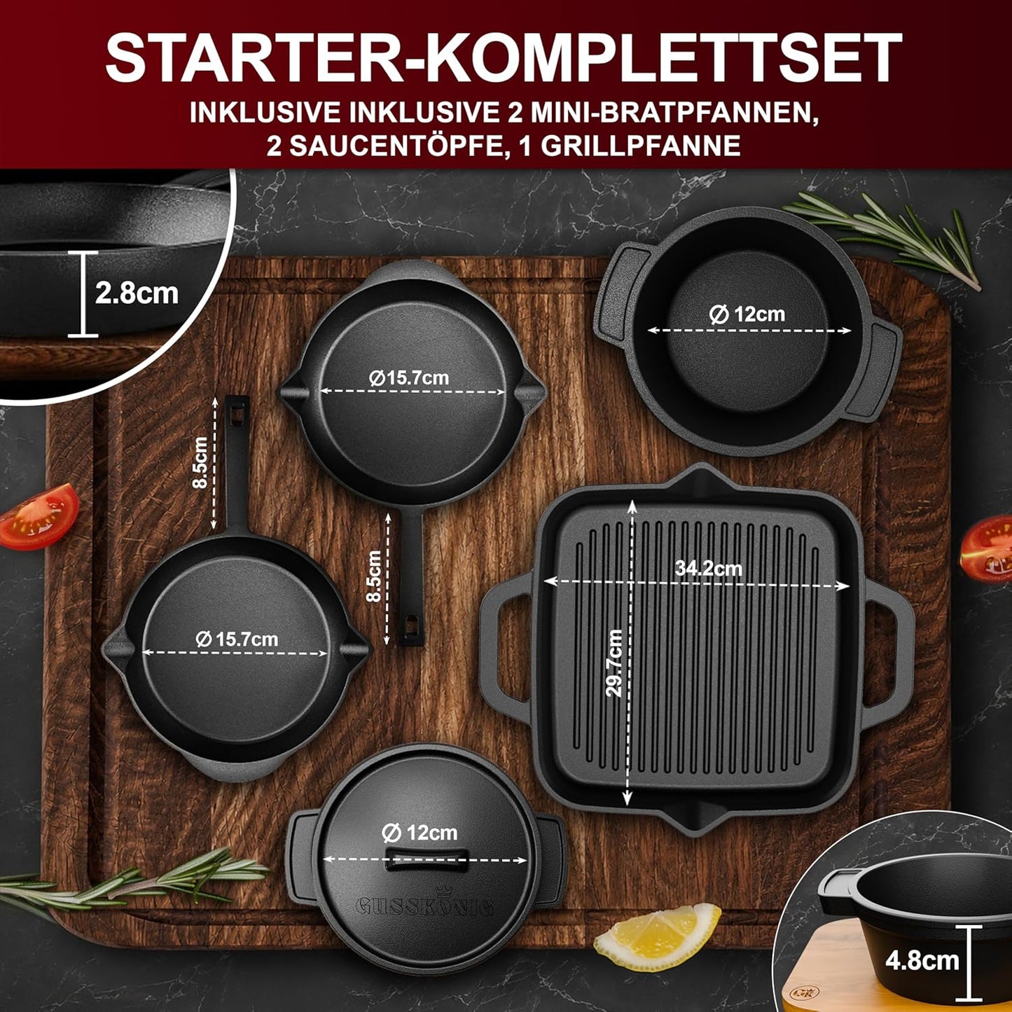 12-teiliges Dutch Oven Set mit Rezeptbuch & Pflegepaste, Schwarz Medium Set