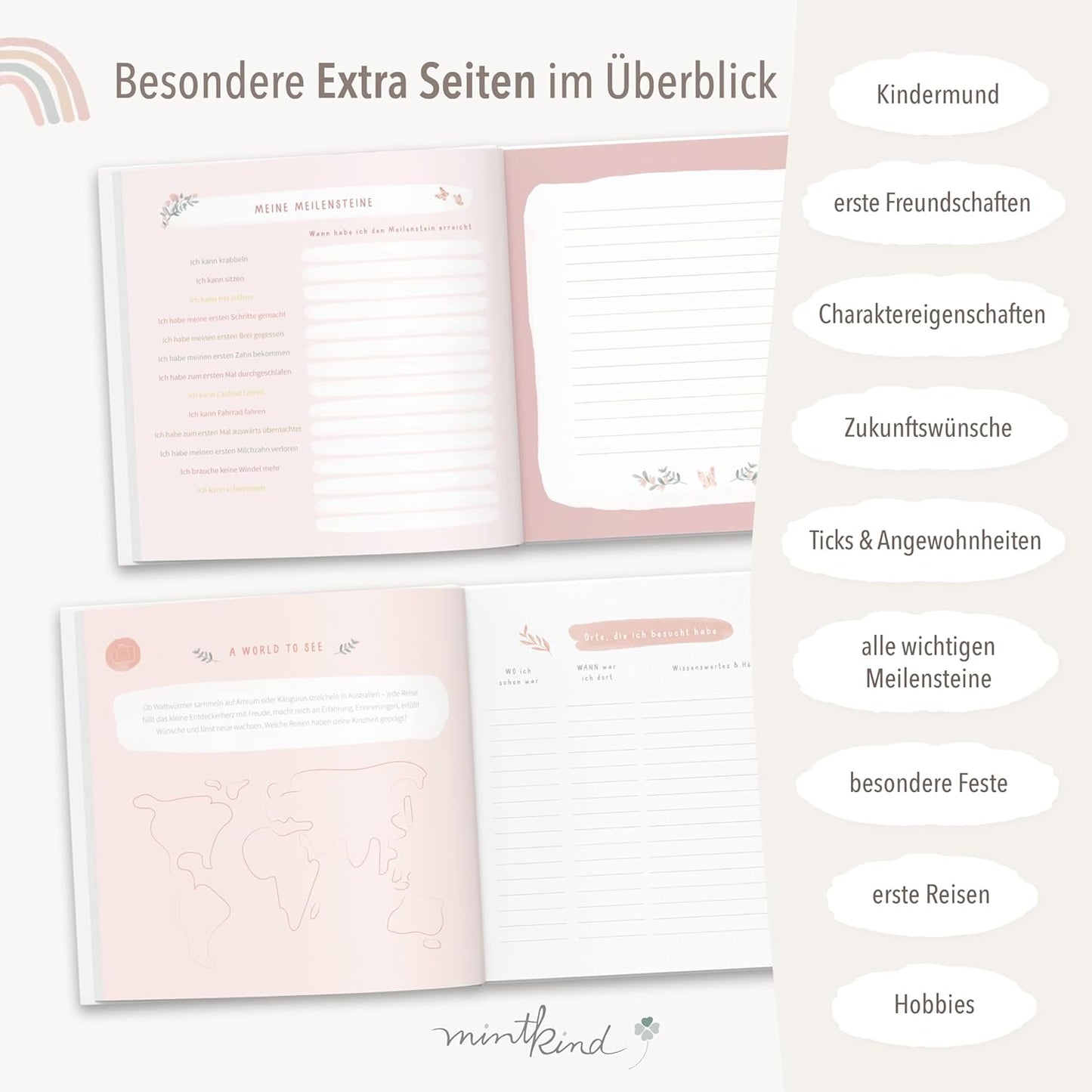 "Meine Kindheit" Erinnerungsalbum für die ersten 10 Jahre, mit Stickerset, Blumen