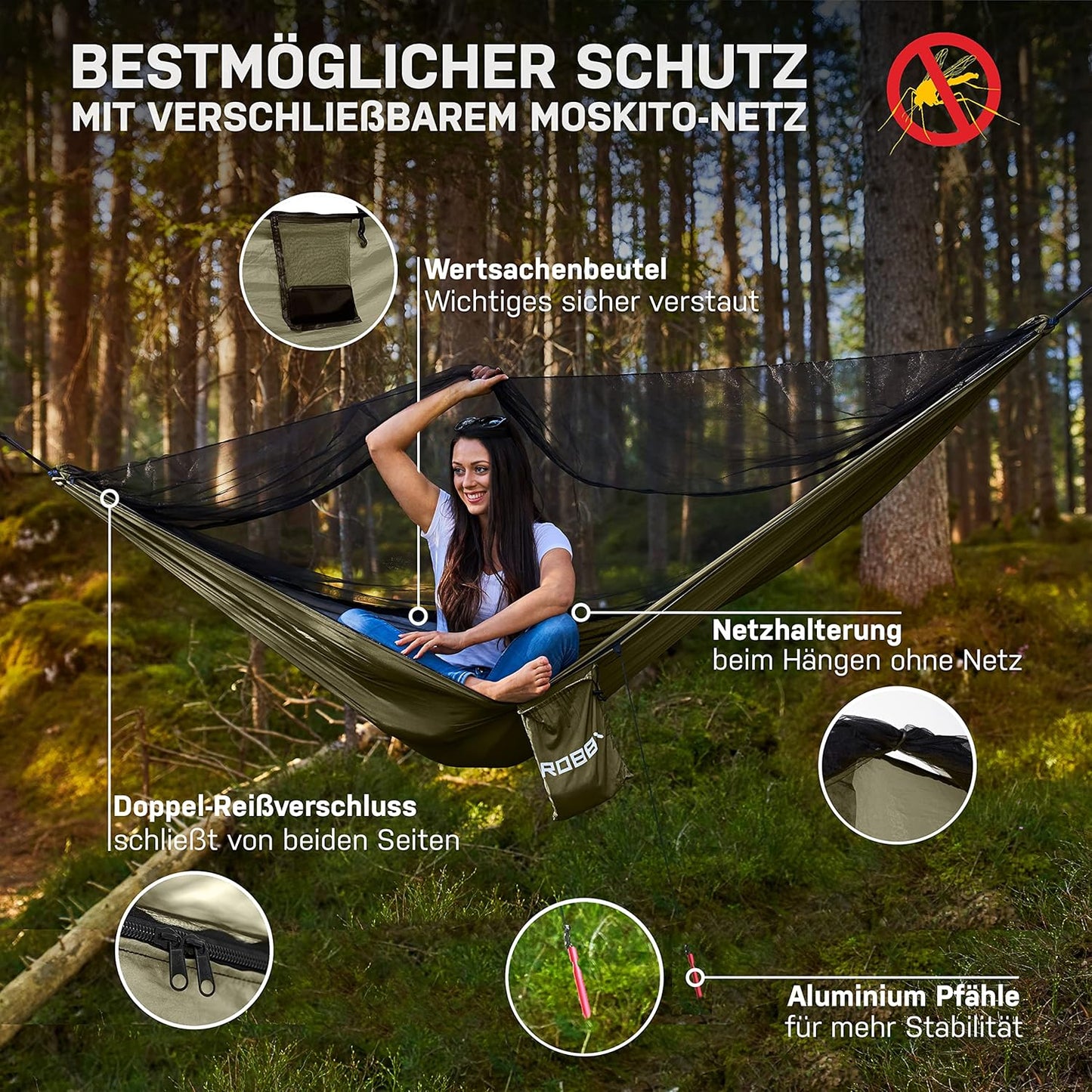 Hängematte mit Moskitonetz, Oliv
