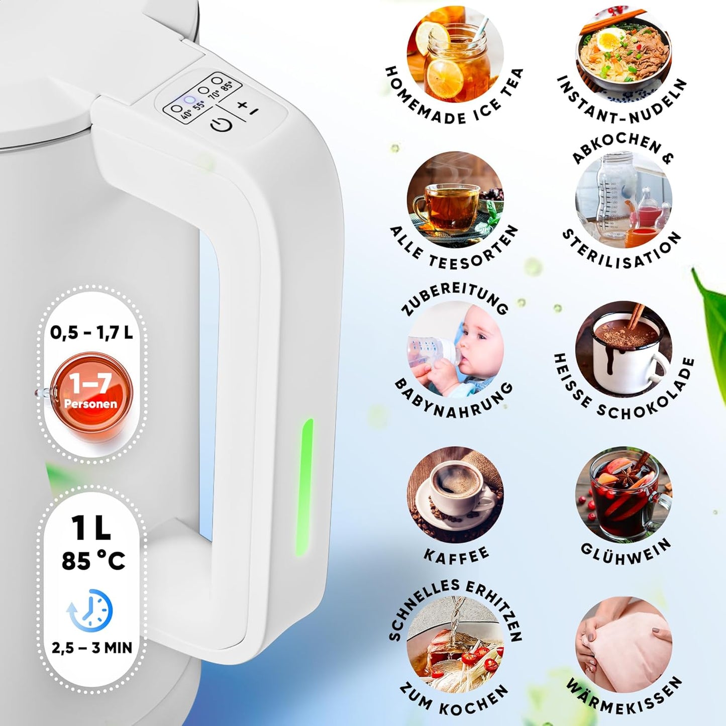 Wasserkocher mit Temperatureinstellung und Warmhaltefunktion, Weiss