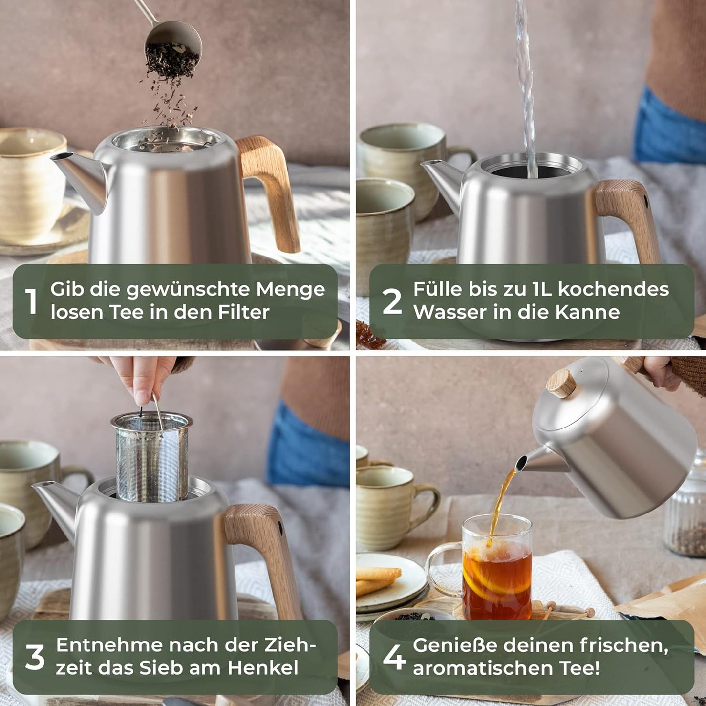 Teekanne mit Stövchen und Siebeinsatz, Teekanne mit Stövchen