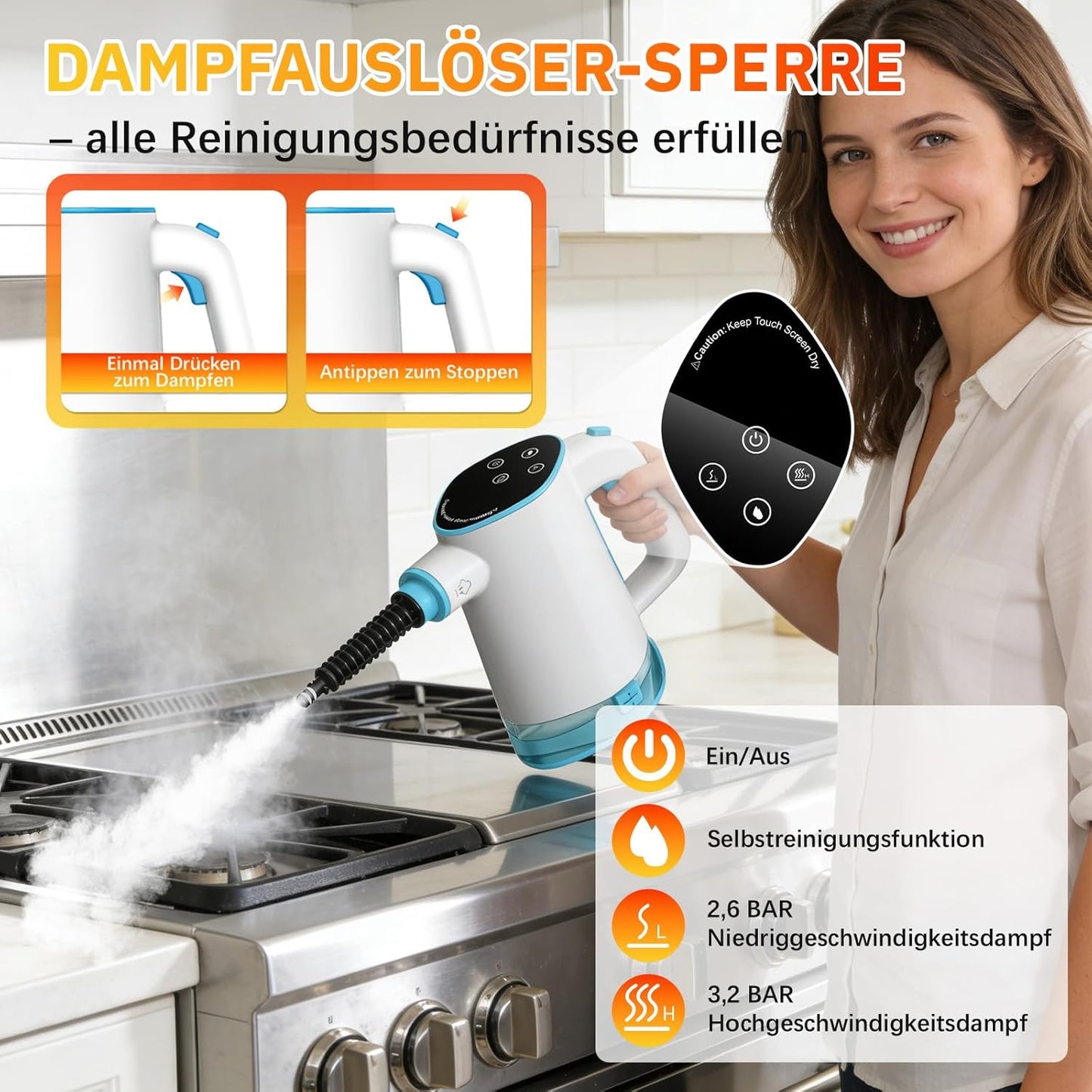 Handdampfreiniger mit Zubehör-Set, Weiss