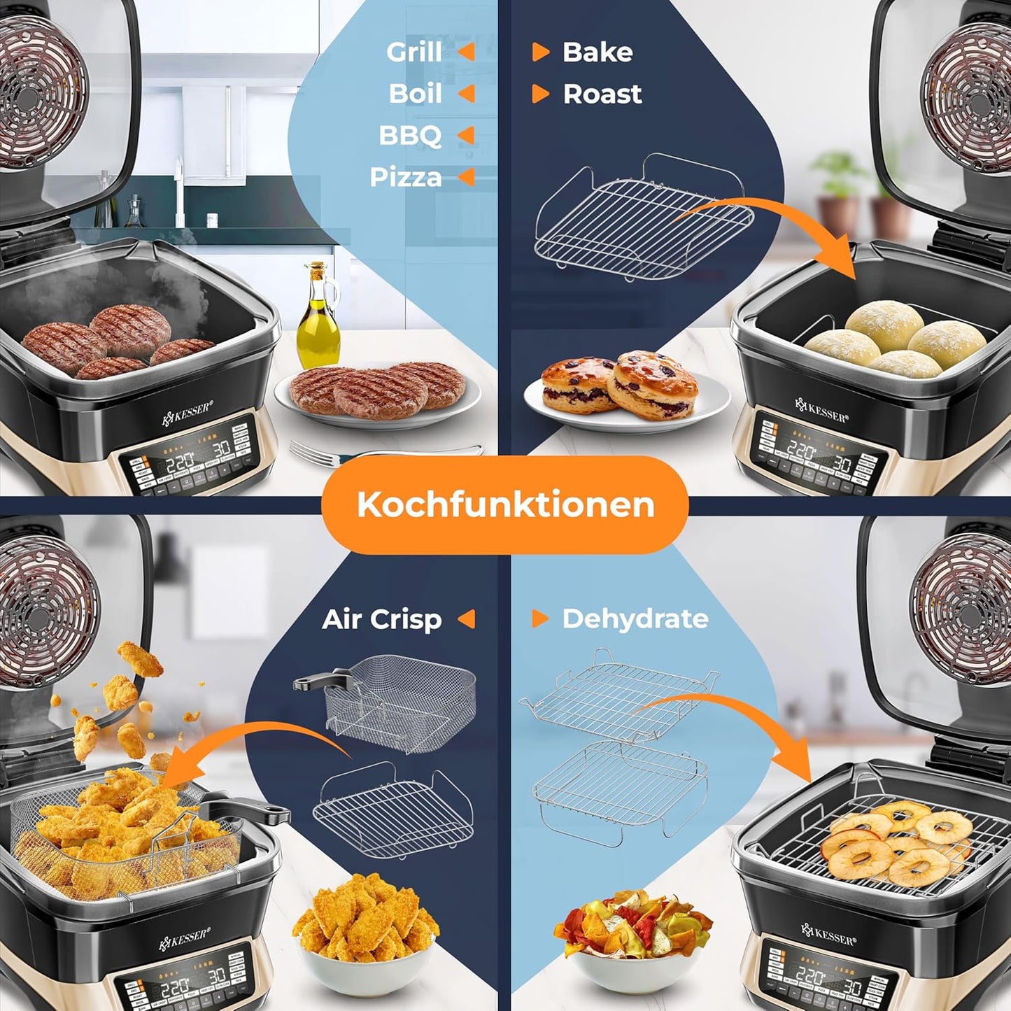 Multikocher mit Heissluftfritteuse, 16 Programme, Champagne