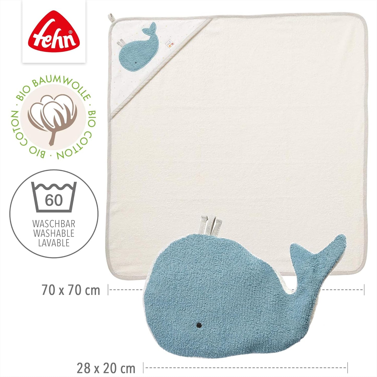 Baby-Badetuch & Waschhandschuh-Set Wal, Bade-Set Wal NATUR