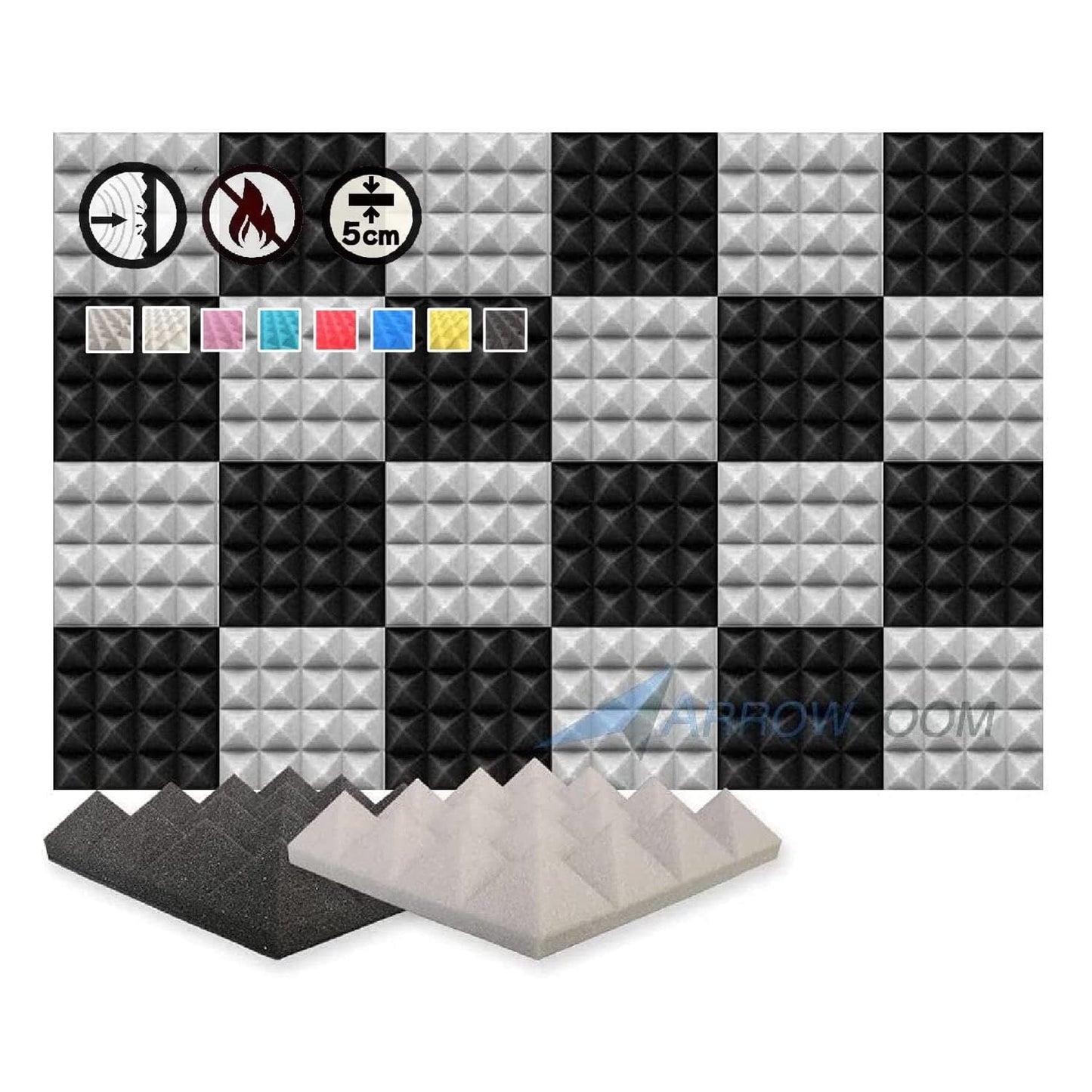 Akustikschaumstoffplatten, Grösse: 24 Stucke - 25 x 25 x 5 cm, Farbe: Schwarz & Grau