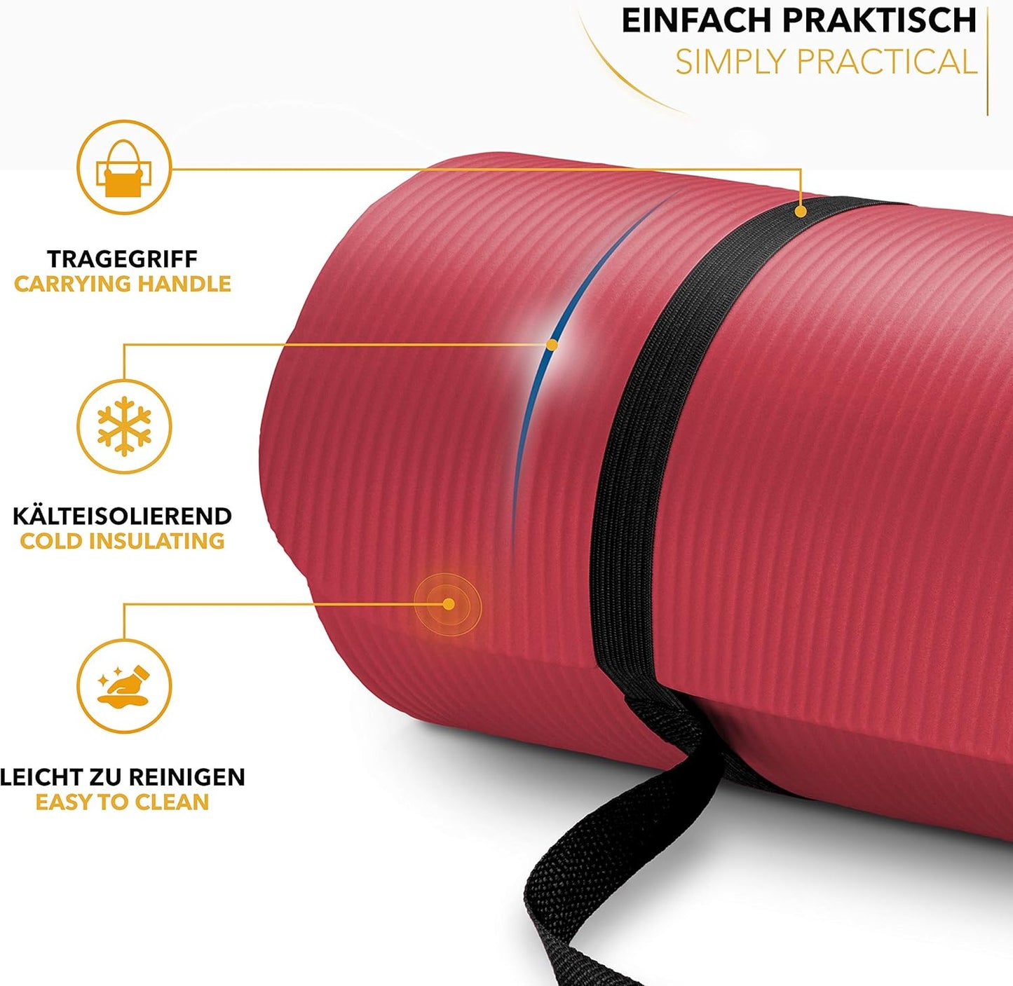 Rutschfeste Yogamatte mit Tragegurt, Rot 185 x 60 x 1,0cm