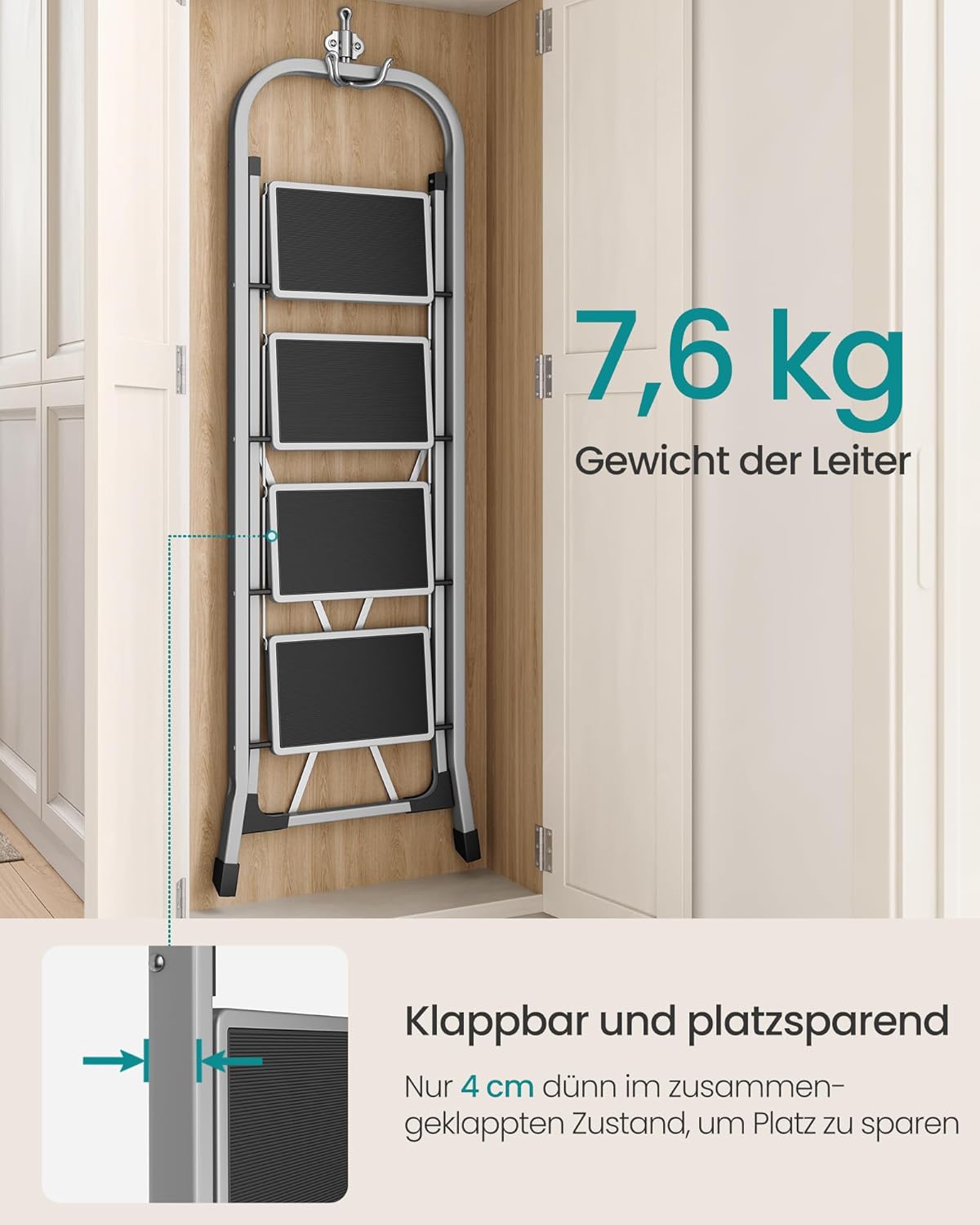 Klappbare Trittleiter mit 4 Stufen, Taubengrau 4 Stufen (89T x 45B x 127H cm)