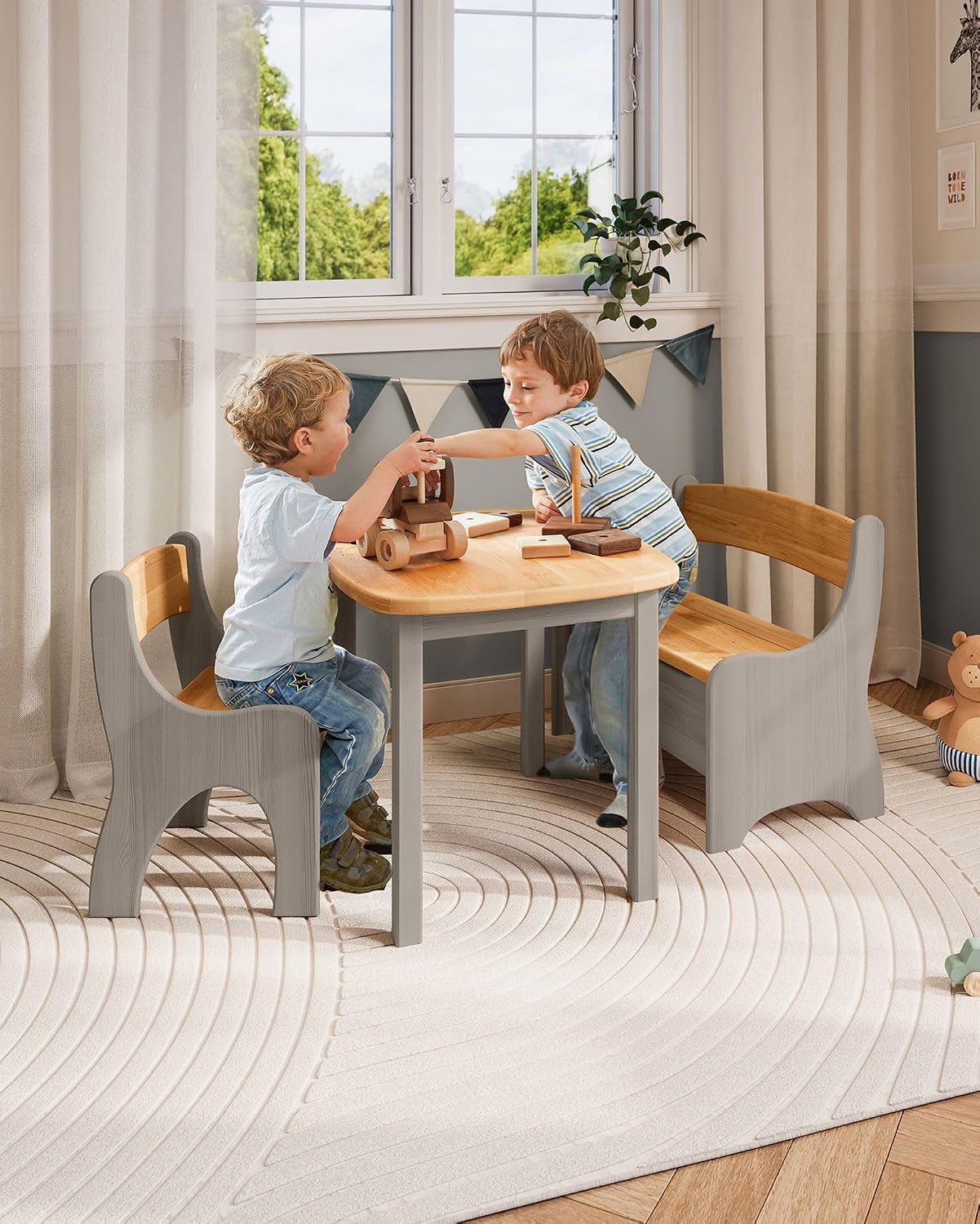 Kindersitzbank Levin mit Geheimfach, Erle Natur, Geölt + Kiefer Elefantengrau, Lasiert