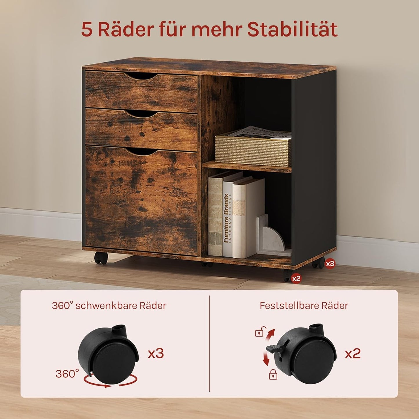 Rollcontainer mit Schubladen und Hängeregistratur, Rustikales Braun