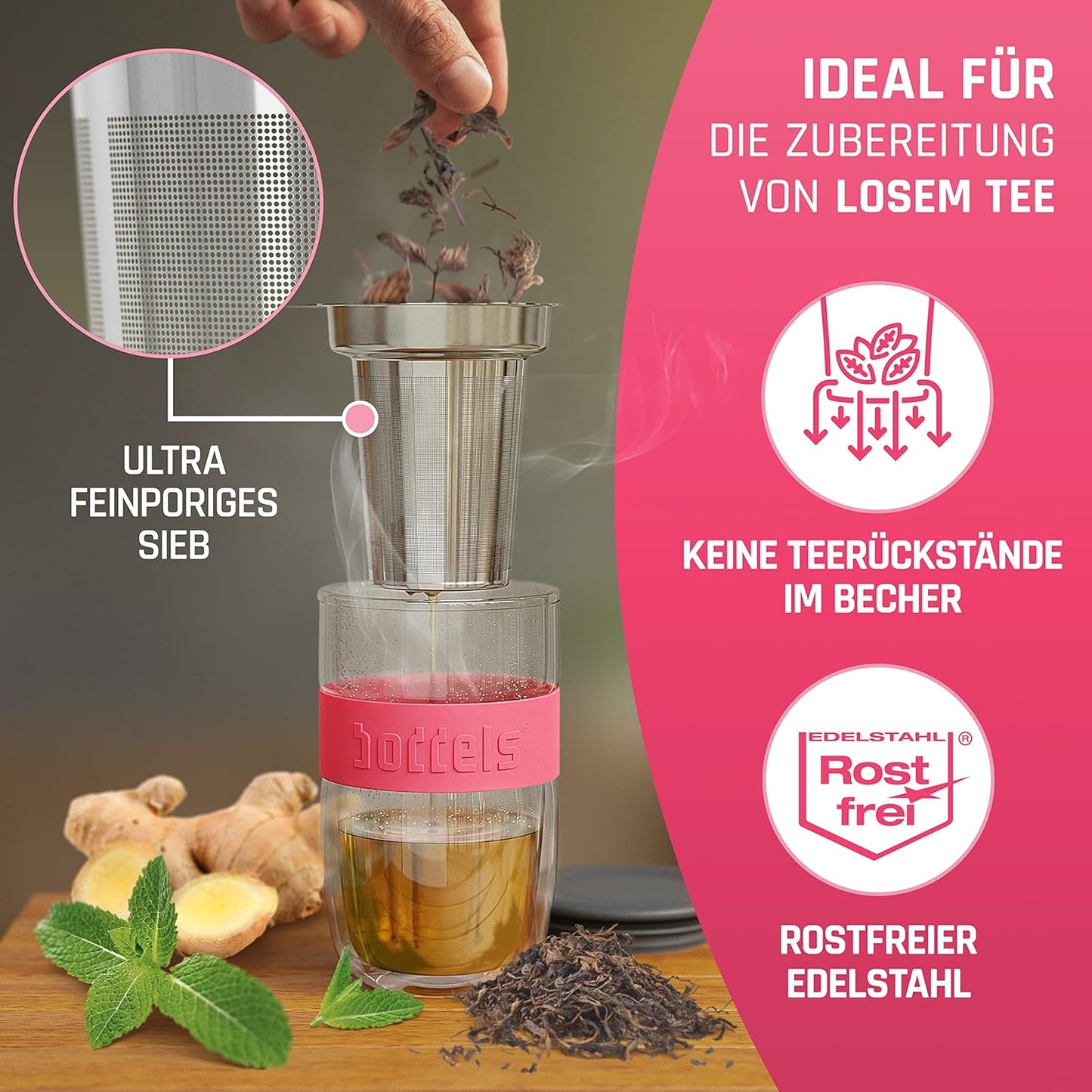 Teeglas mit Sieb und Deckel, Himbeerrot