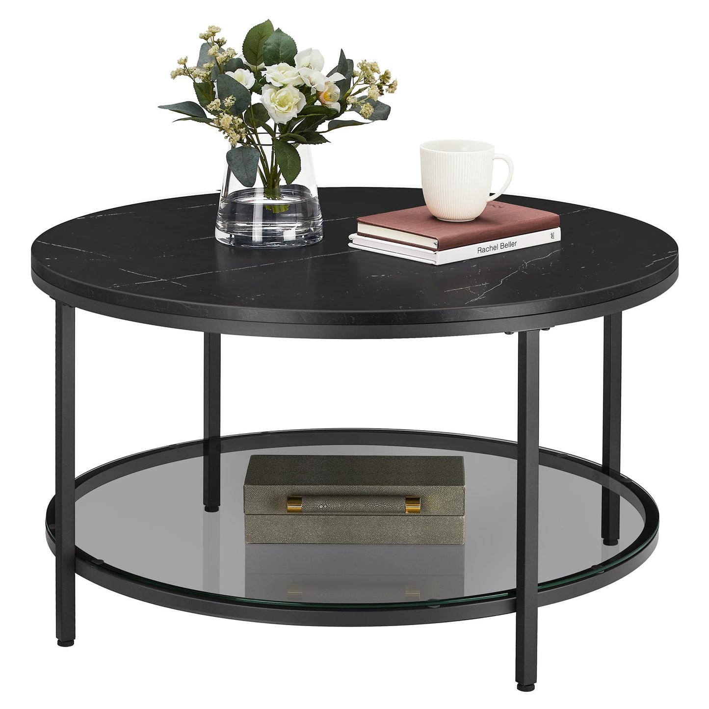 Moderner Couchtisch mit Glasplatte und Stauraum, LCT071B58, 80d cm Marmorschwarz + Tintenschwarz