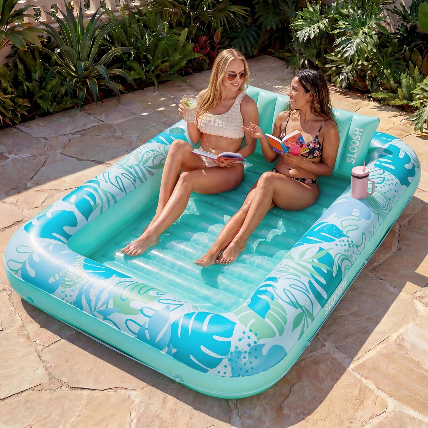 Aufblasbarer 4-in-1 Sonnenliegepool mit Kissen und Getränkehalter, Cyanweiss XL