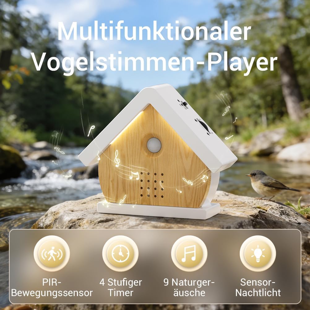 Vogelgezwitscher Box mit Bewegungssensor und Timerfunktion, Hausdesign (Naturholzfarbe)