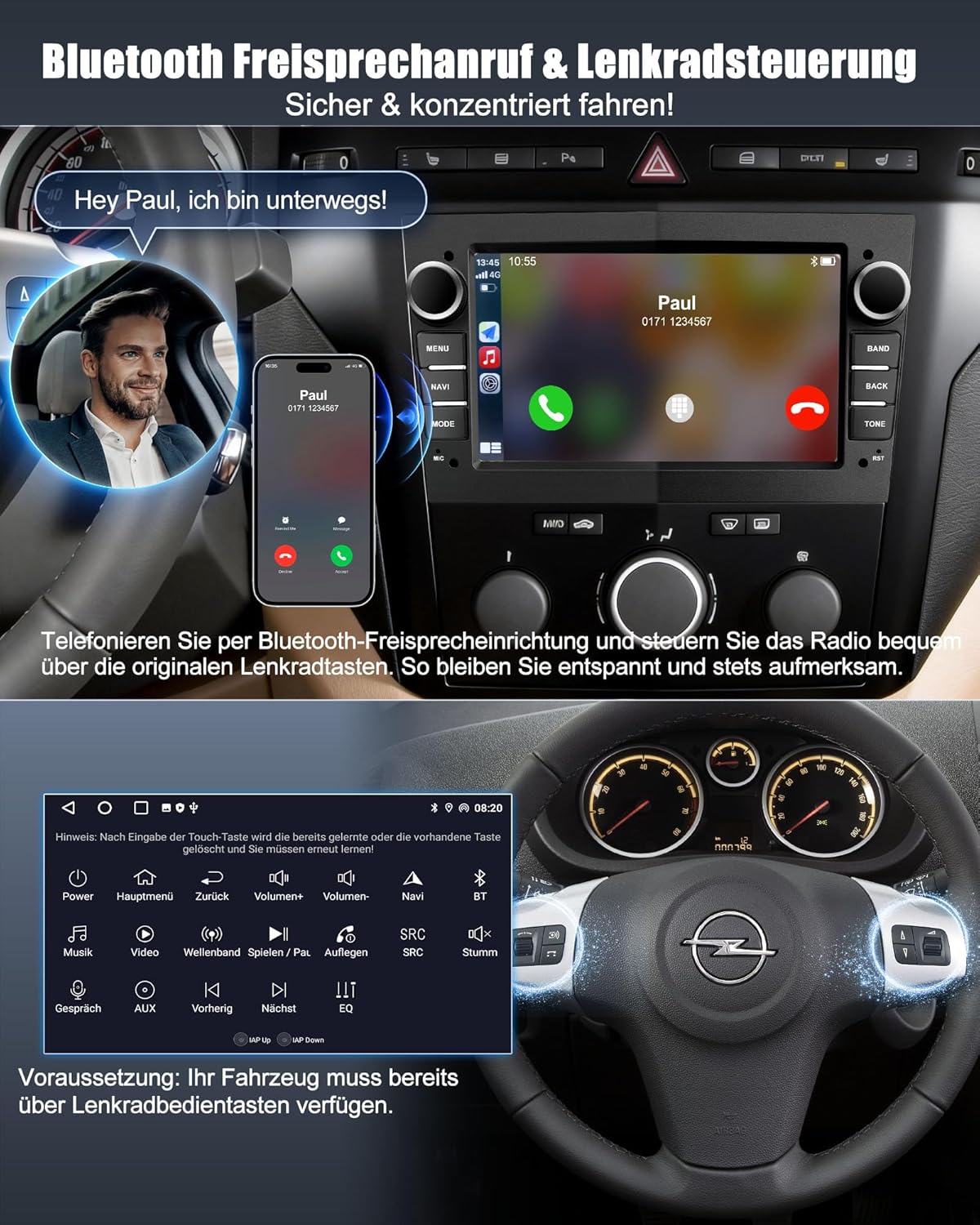 Bluetooth Autoradio mit Navi & Carplay, Opel kompatibel, Schwarz
