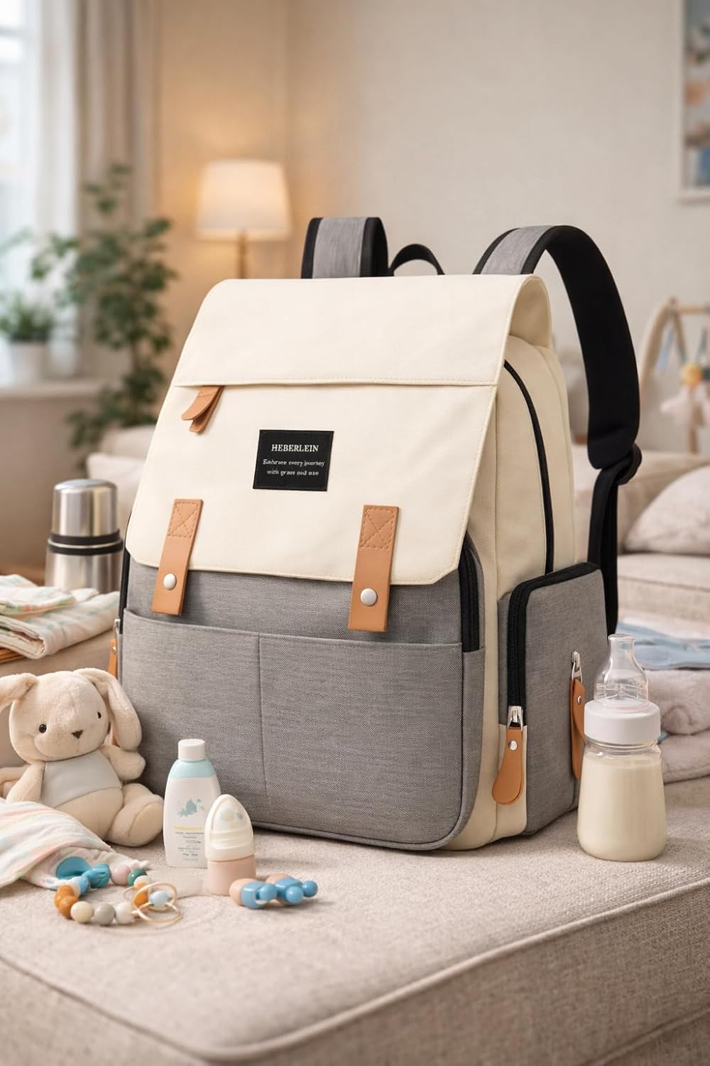 Wickelrucksack mit Wickelauflage & Kinderwagenbefestigung, Beige/Grau