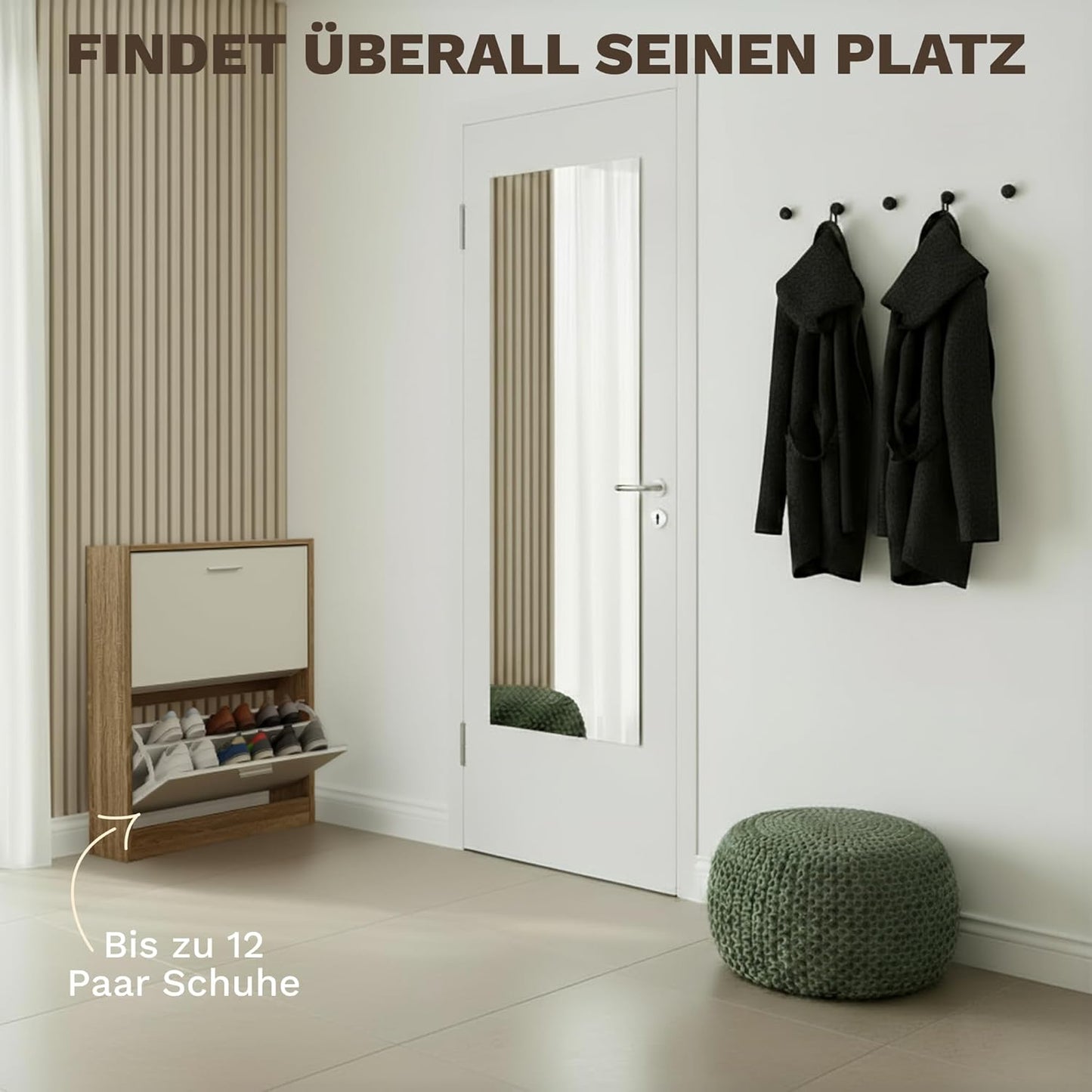 Schmaler Schuhschrank mit 2 Fächern für 12 Paar Schuhe, 2 Fächer Weiss