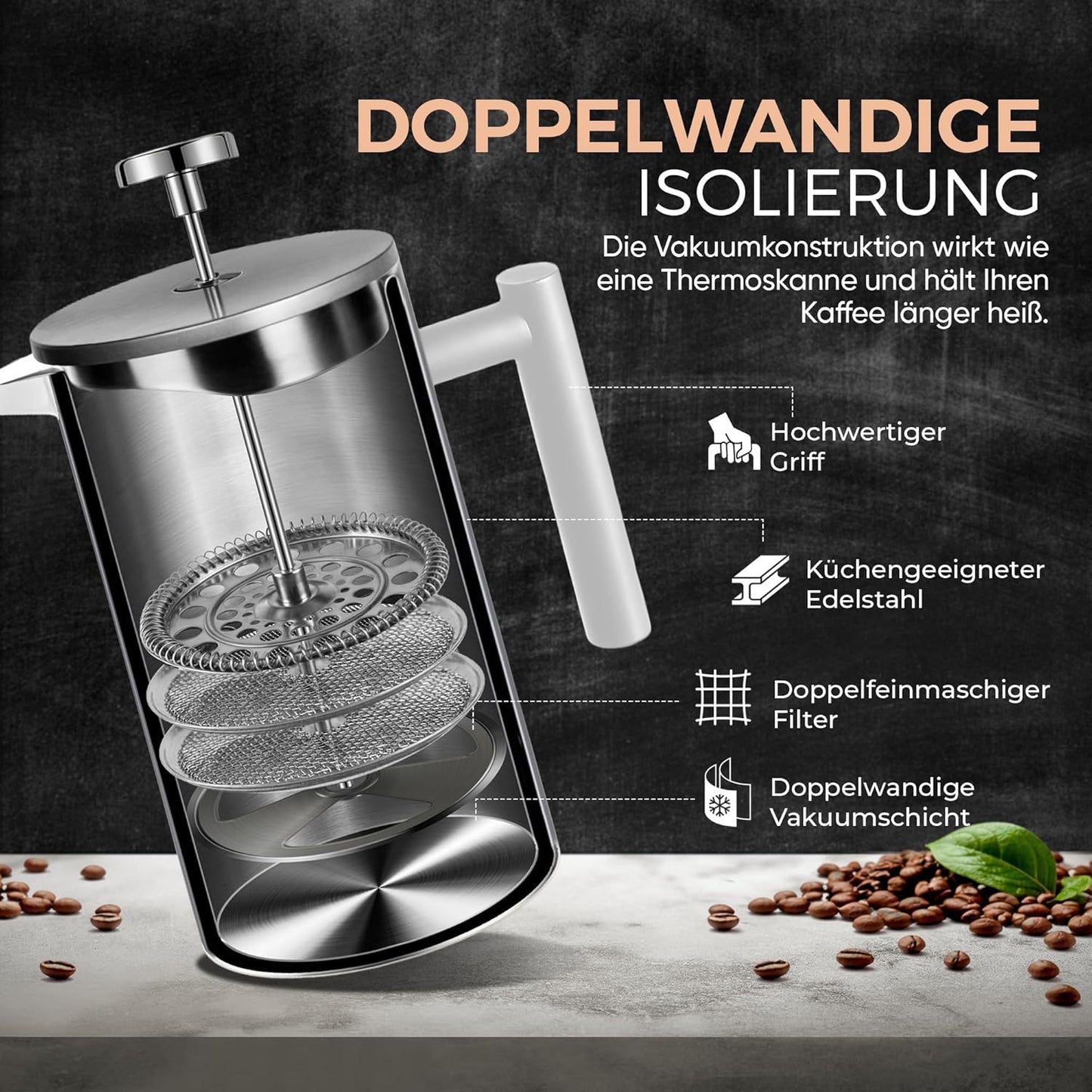 Französische Kaffeepresse, 1000 ml Weiss