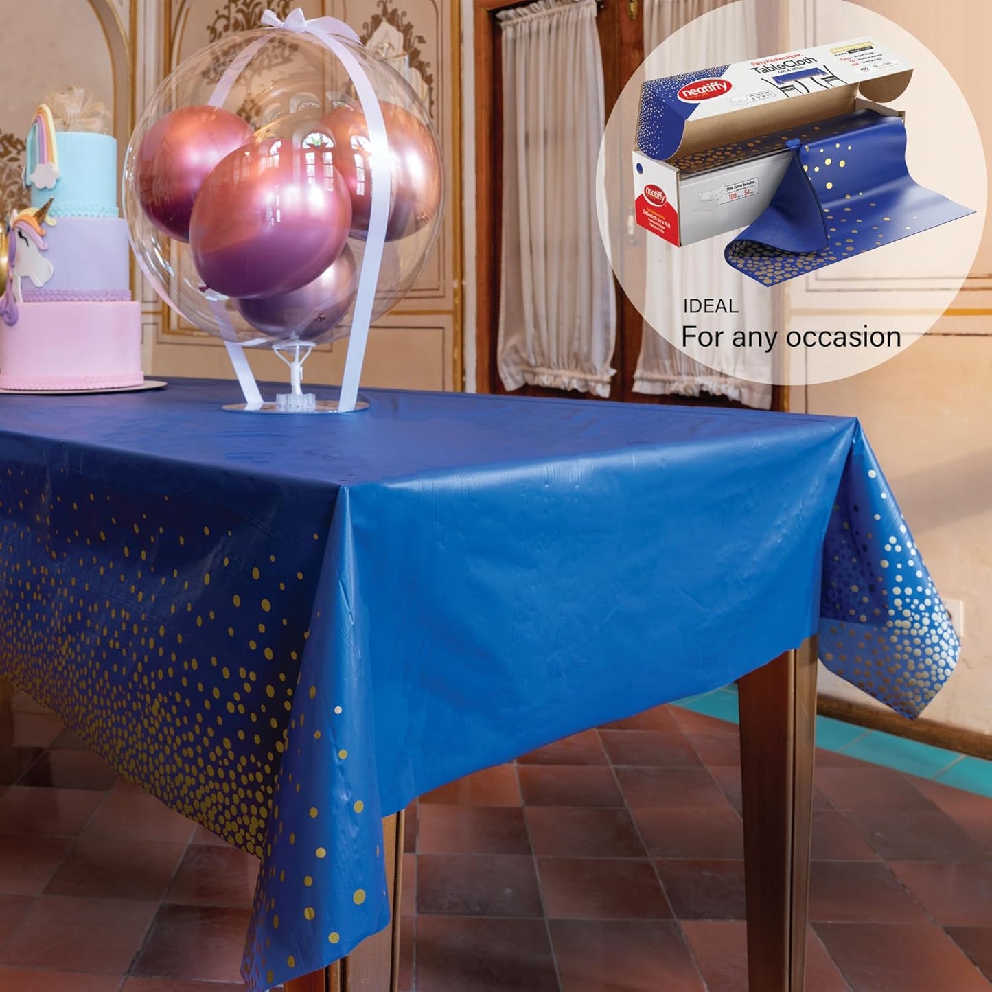 Tischtuchrolle mit Gleitschneider, Blaue Gold Punkte