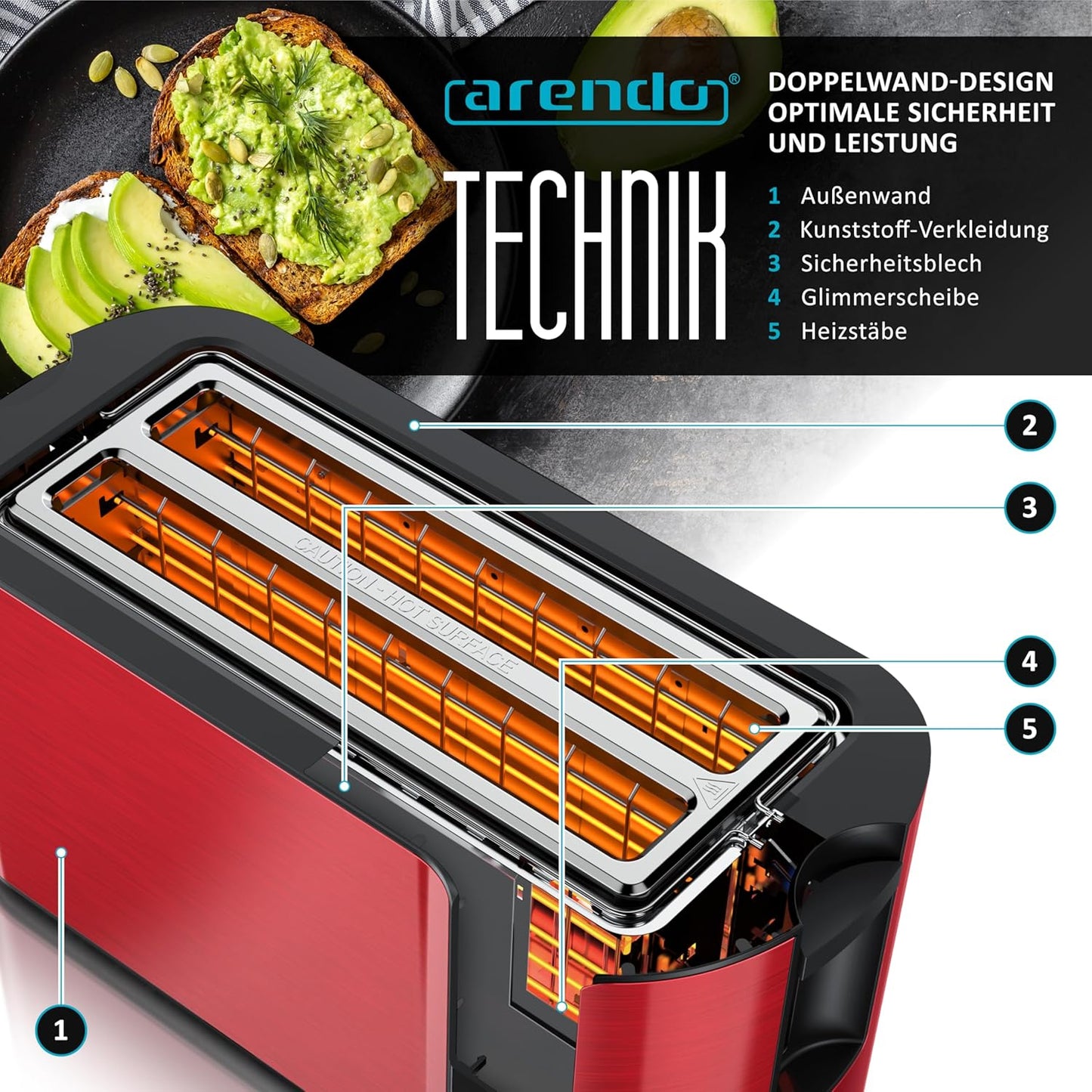 Langschlitztoaster mit integriertem Brötchenaufsatz, D: Rot