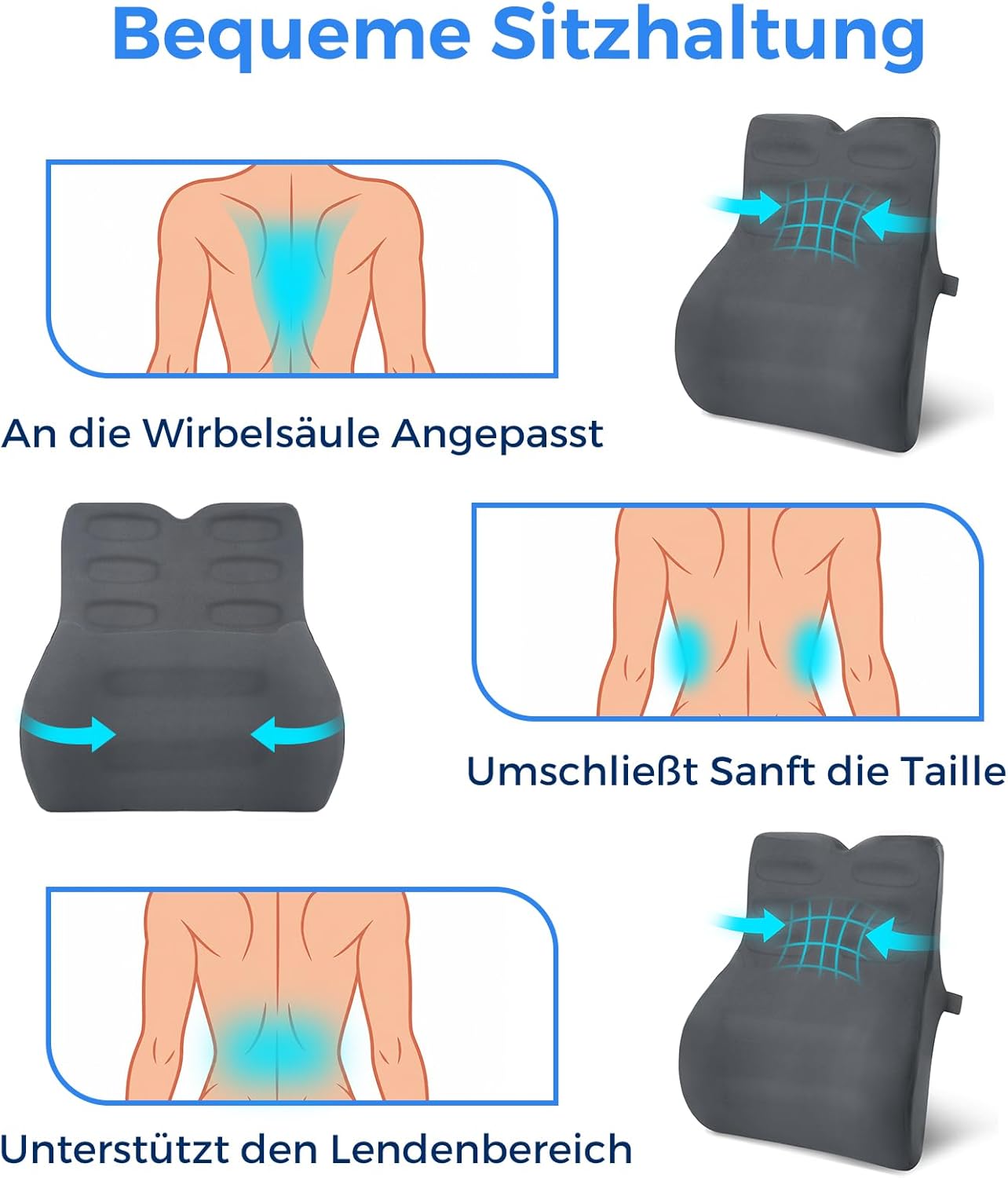 Ergonomisches Lendenwirbelkissen, Grau Memory Foam