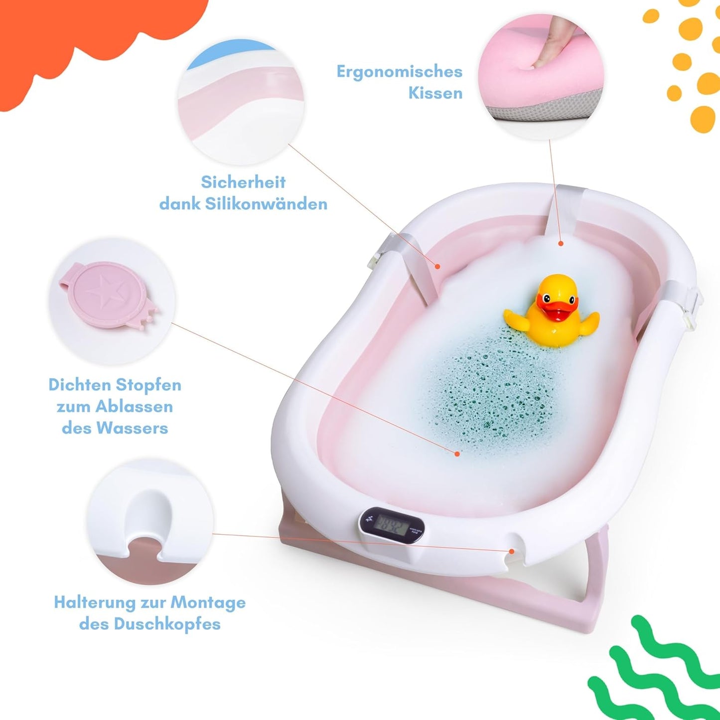 Faltbare Babybadewanne mit Ständer und Thermometer, Rosa 84,5cm Höhe - mit Ständer
