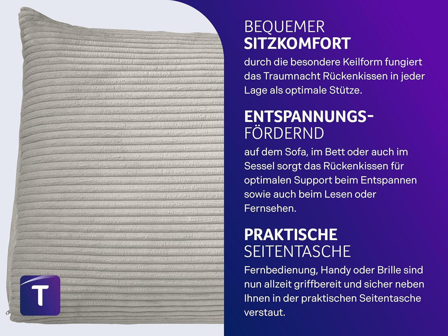 Cozy Rückenkissen mit Seitenfach, Hellgrau Kord (100% Polyester)