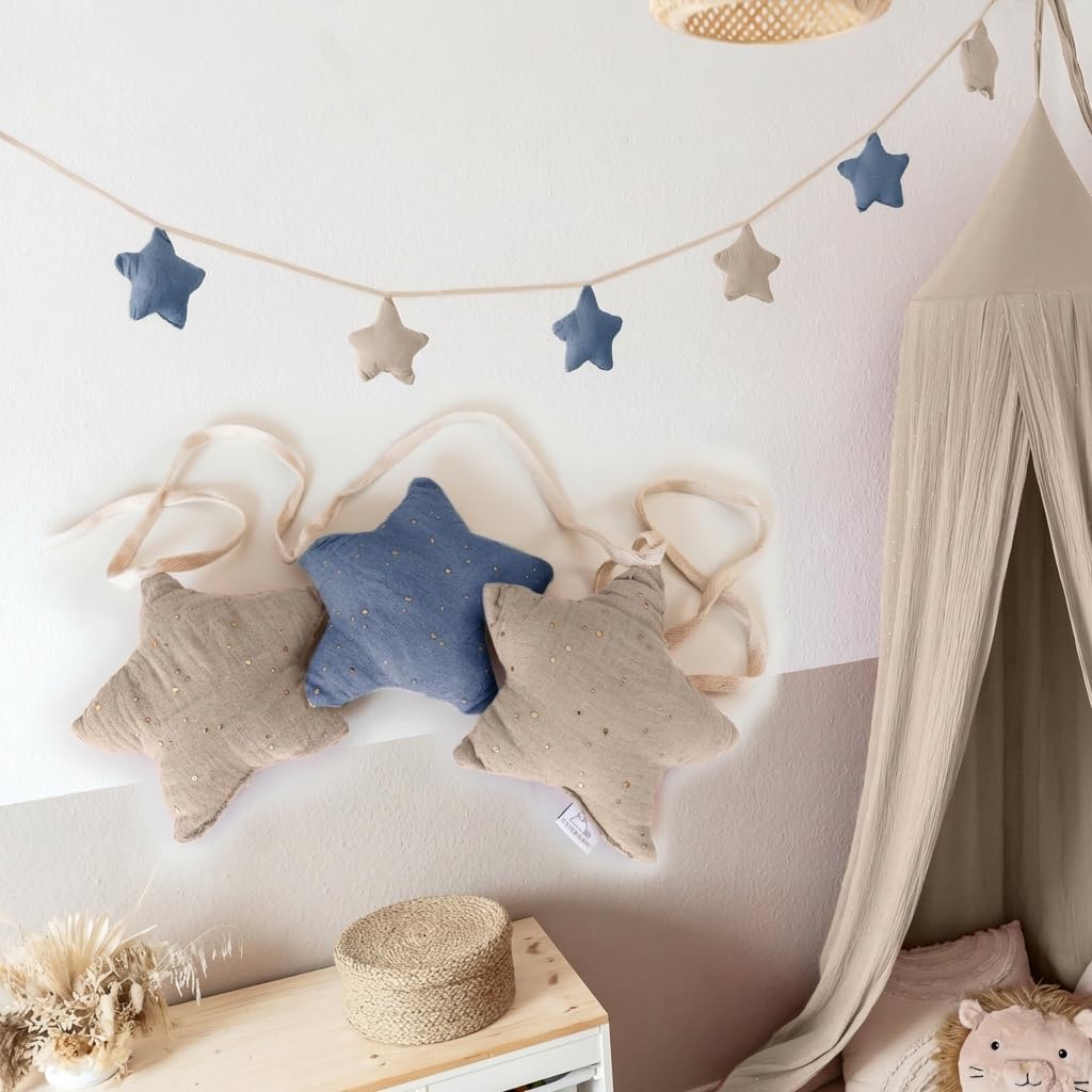 Sternenkette mit Goldapplikation, Blau & Hellbeige Sterne mit Goldapplikation