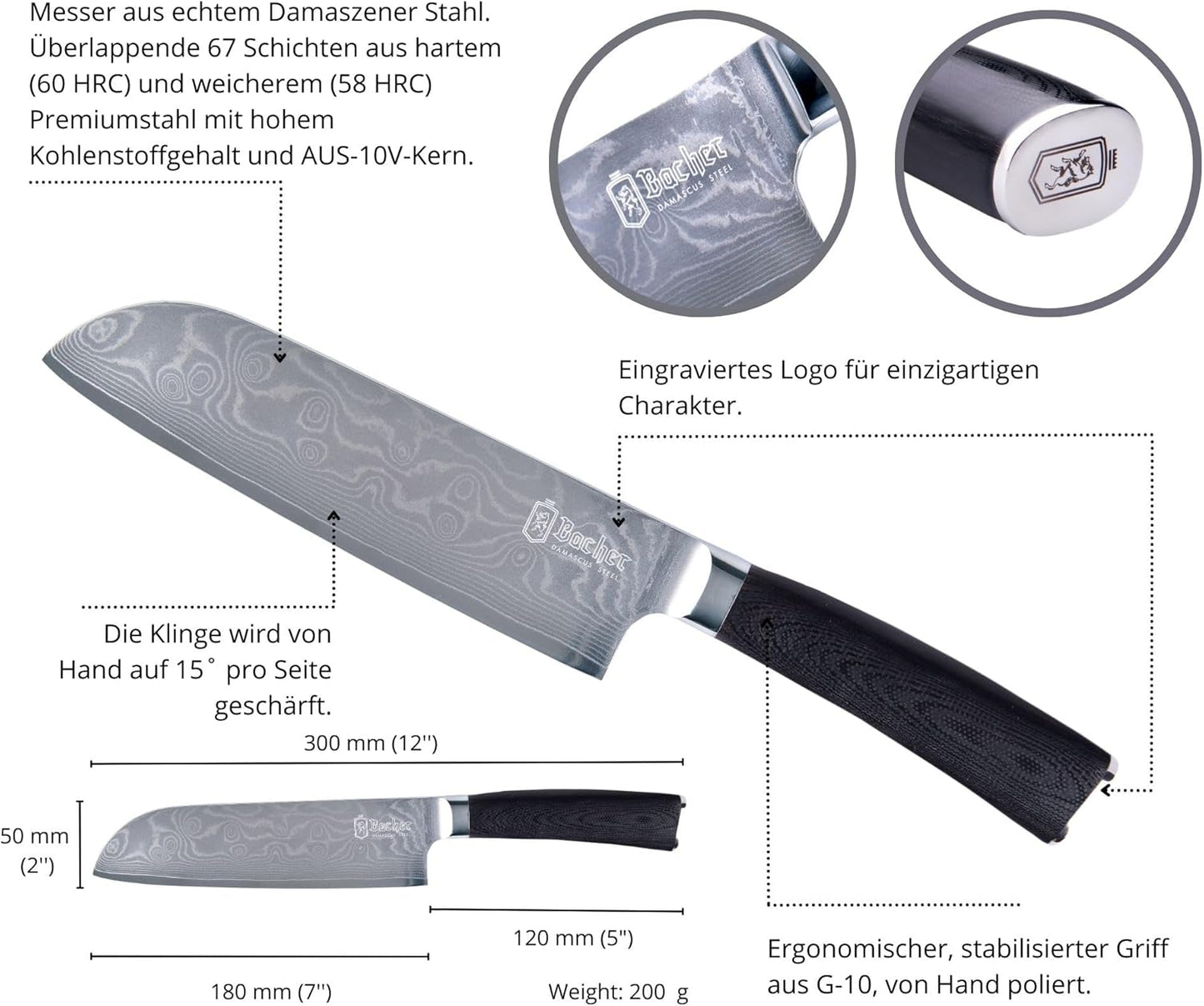 Santokumesser, Damast Santokumesser 18cm G10