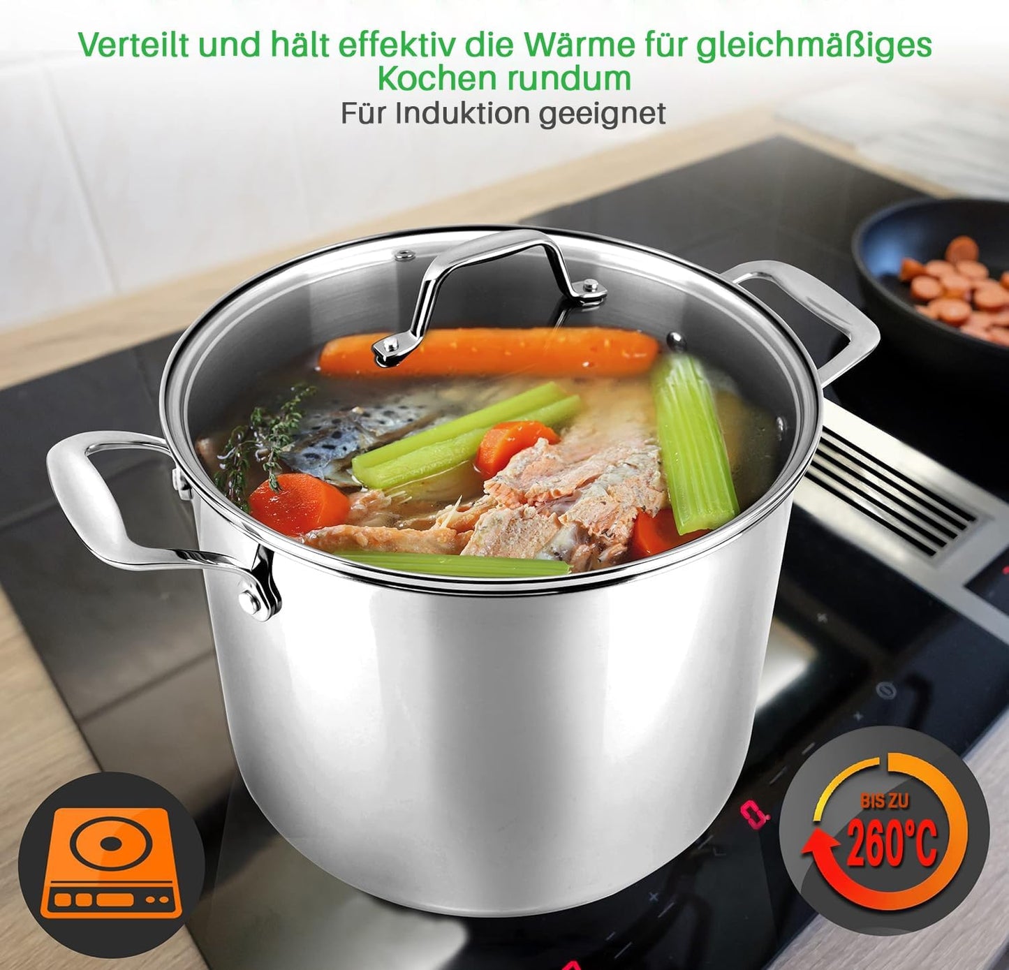Grosser Suppentopf mit Glasdeckel, 8 Liter Silber