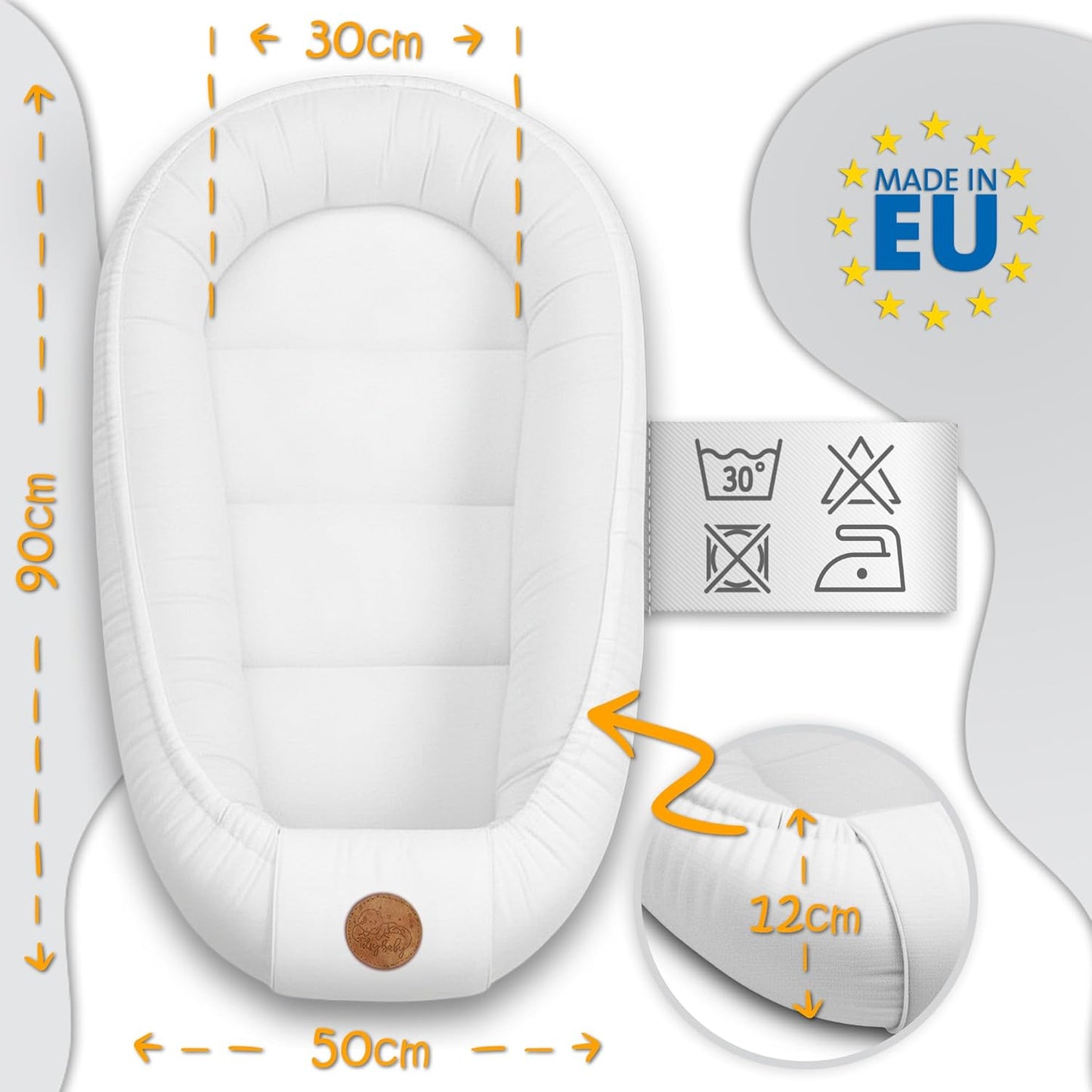Tragbares Babynest für Neugeborene, Beige mit Weiss Sternen 90x50cm