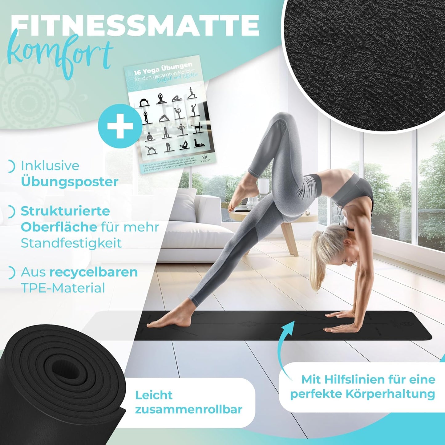 Gymnastikmatte + Tragegurt rutschfest TPE Yogamatte gepolstert, Schwarz / Schwarz
