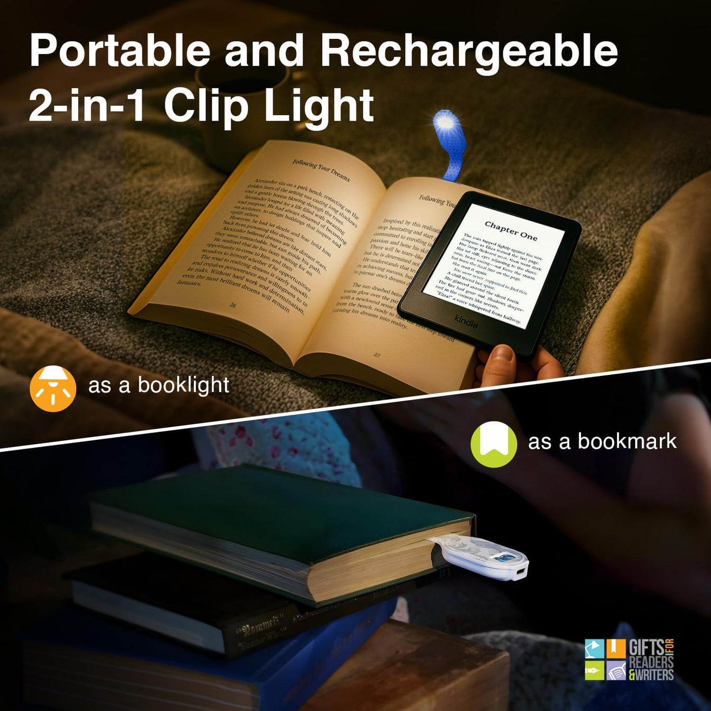 Flexilight 2-in-1 Clip On Leselampe & Lesezeichen, wiederaufladbar, Puinguin