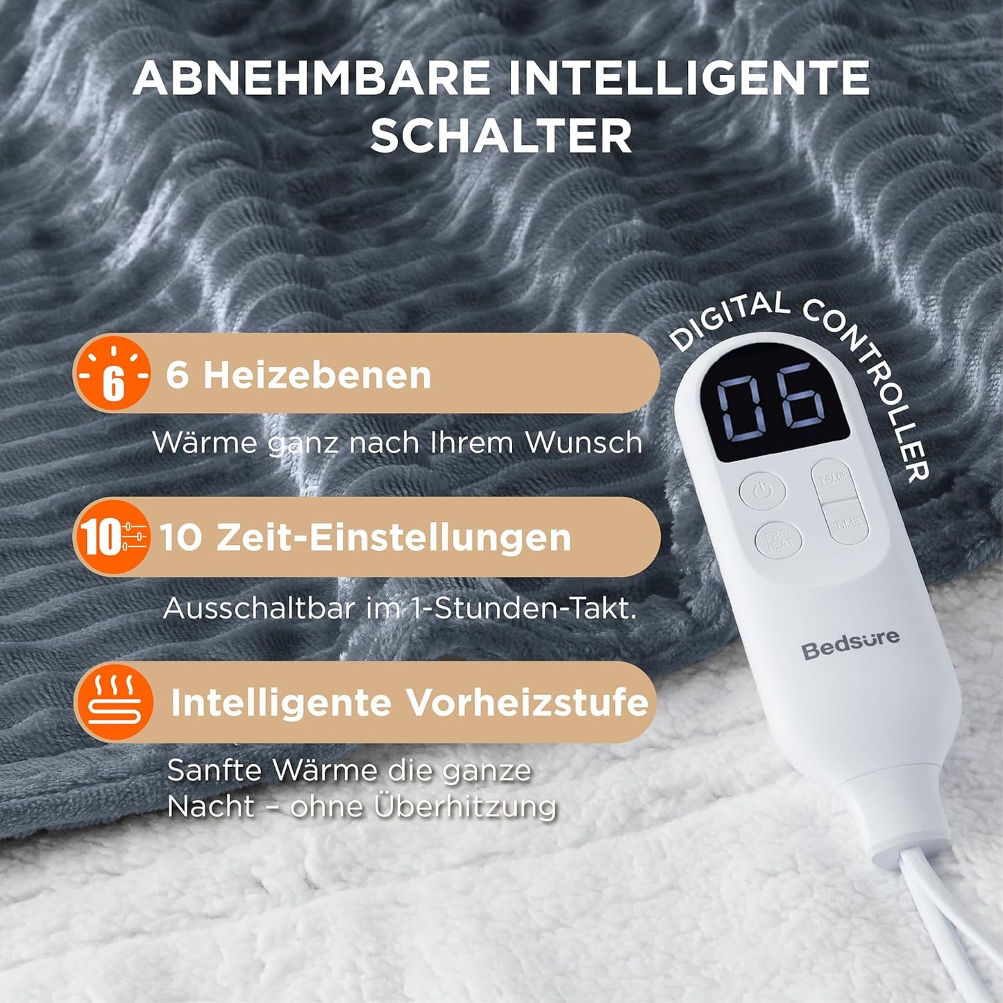 Heizdecke mit Timer & Abschaltautomatik, 180 x 200 cm 02 - Grau Gestreift