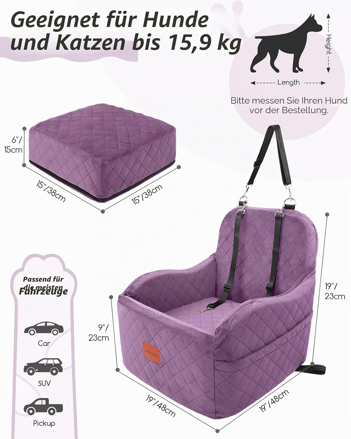 Hunde-Autositz mit Leine, Purple Medium