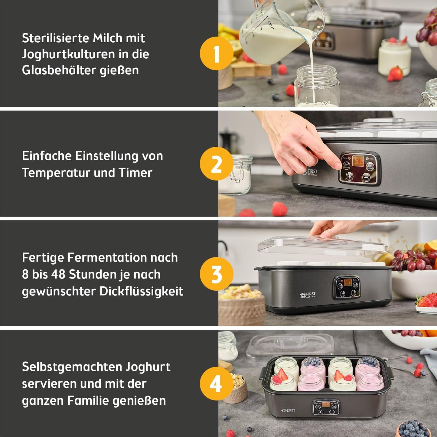 Joghurtbereiter mit 8 Glasbehältern & LCD-Display, Grau