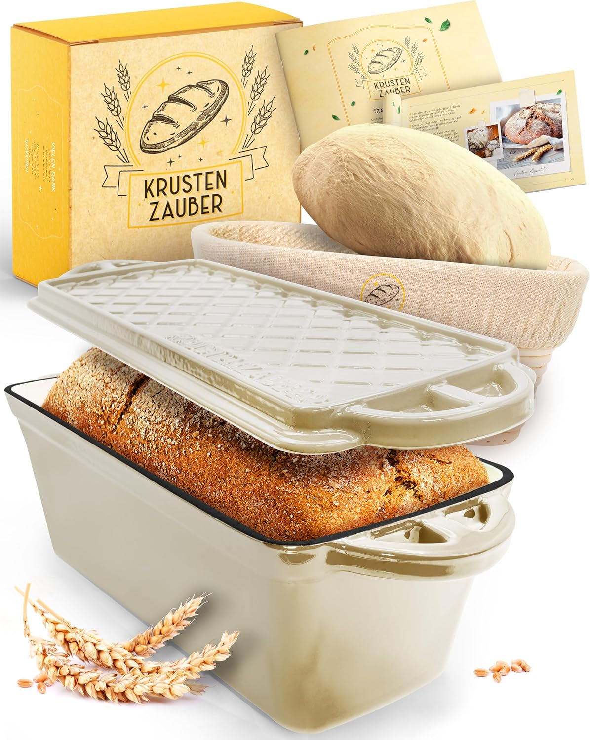 Brotbackfrom mit Deckel inkl. Gärkorb, Creme Kastenform