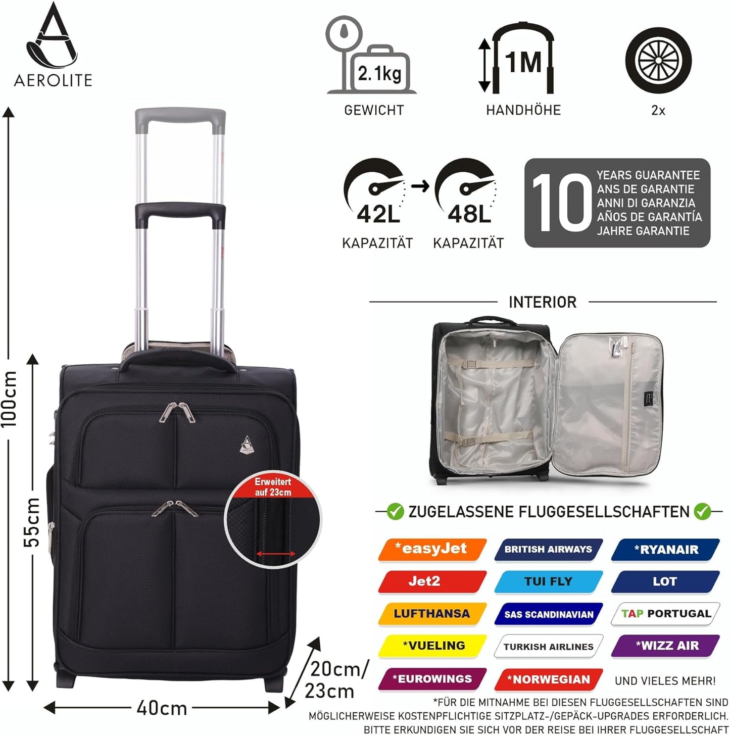 Erweiterbarer Handgepäck-Koffer, Schwarz
