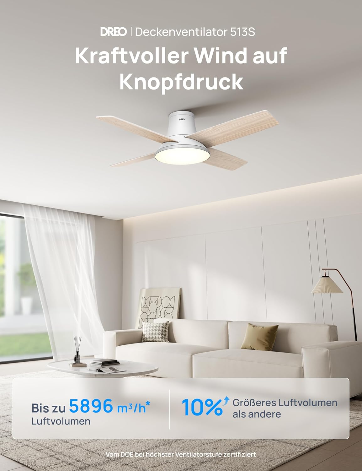 Deckenventilator mit Licht und Fernbedienung, Weisse Holzmaserung