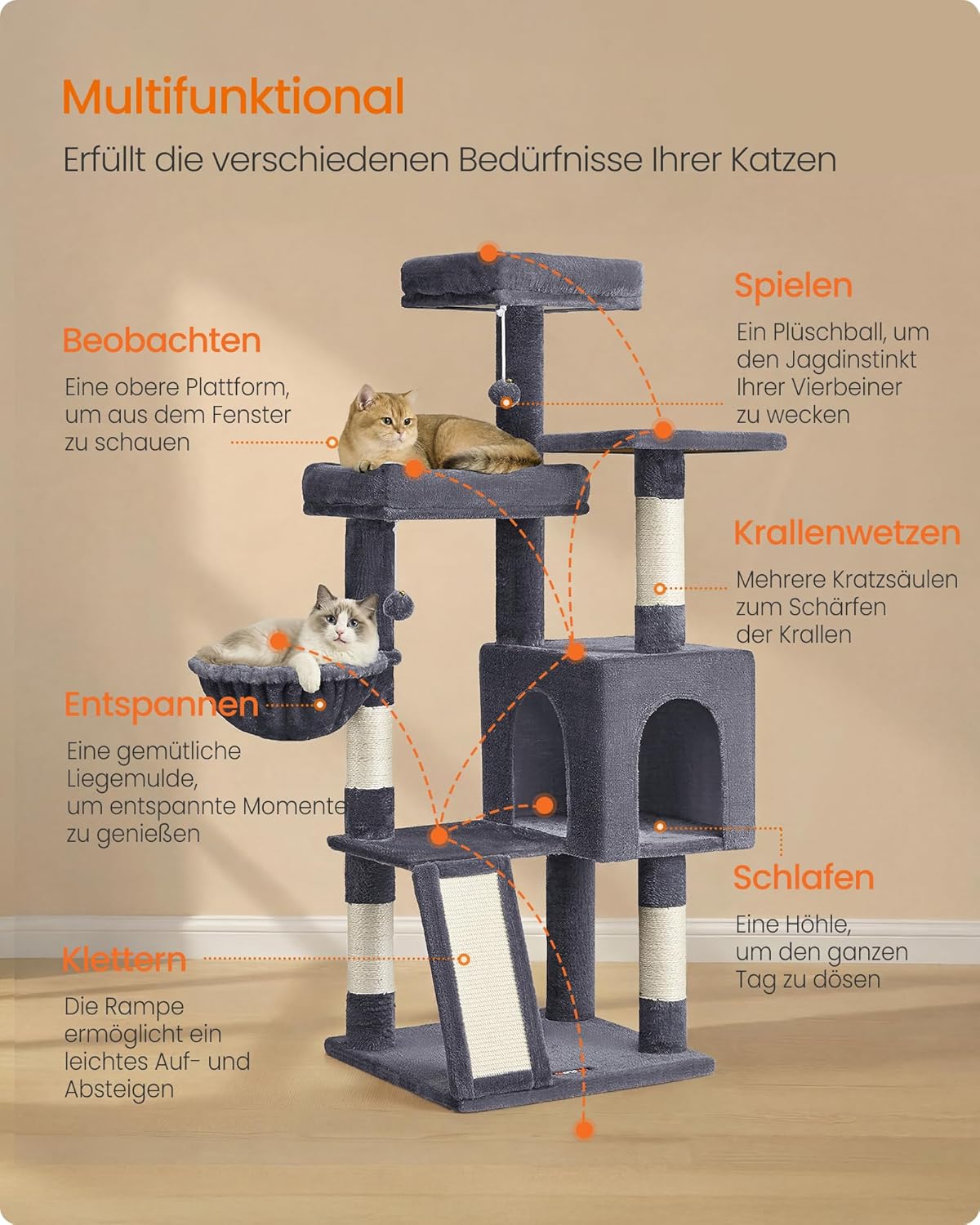 Kratzbaum PCT012GS01 mit Höhle und Plattformen, dunkelgrau