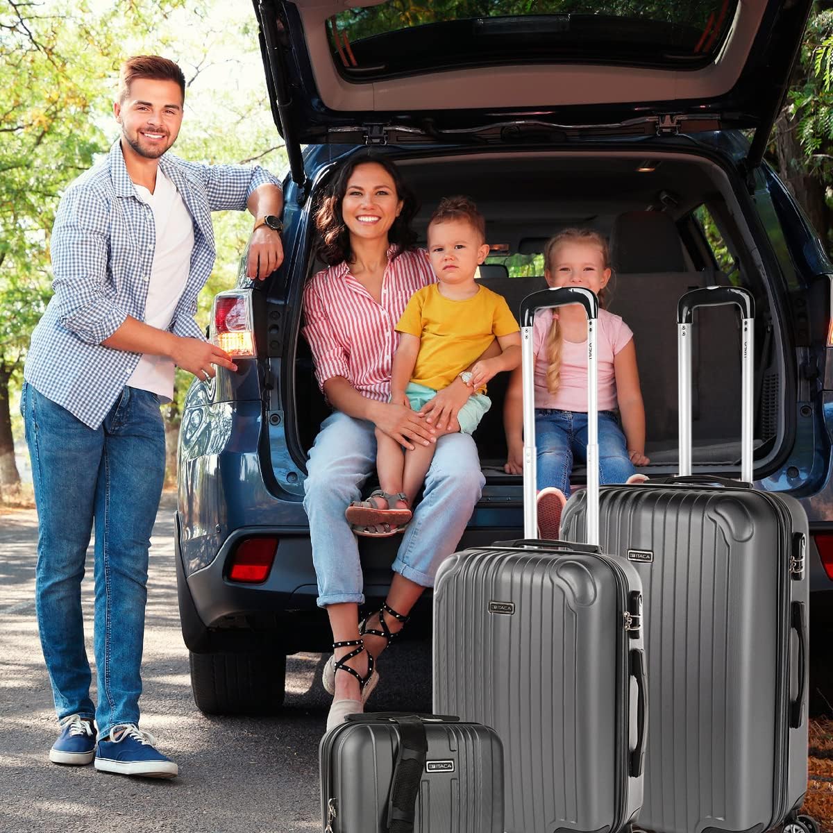 3-teiliges Hartschalenkoffer-Set mit Beautycase und Rollen, Antrazit S + M + XS